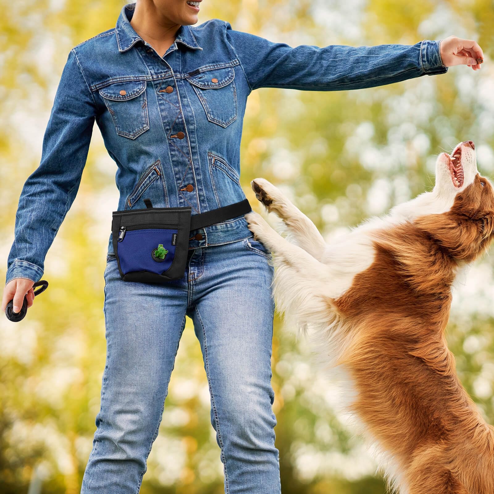 Gobeigo Pochette à friandises pour chien et clicker de dressage, deux fermetures magnétiques pour éviter les déversements, sac à friandises pour 2 tasses avec distributeur de sacs à déjections, clip