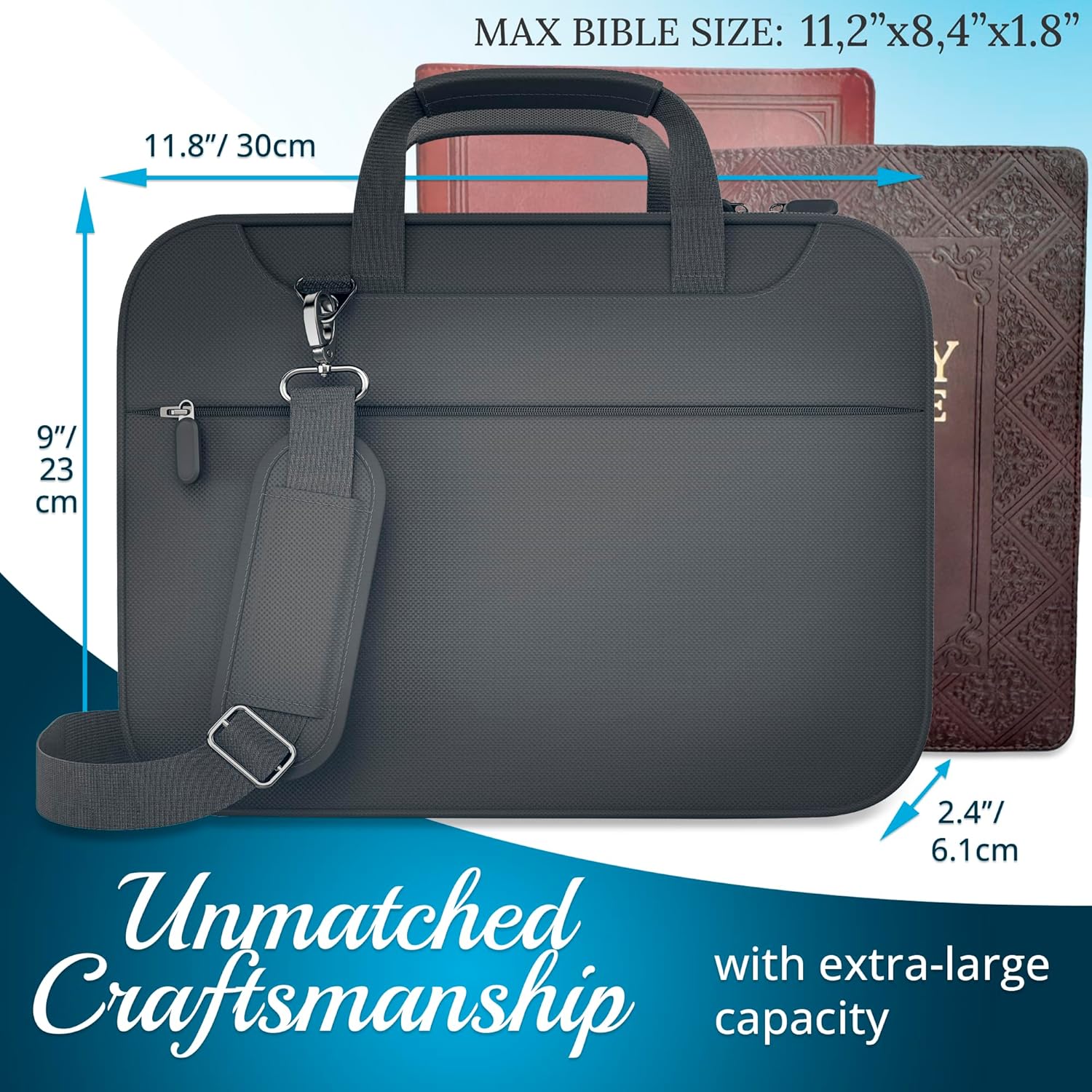 DEHITE Bible Case for Men — Bible Cover for Men and Women — Grey Extra Large Size Bag — Fits Book 11.2 x 8.4 x 1.8 in — Pen Slots — Zippered Pocket — Shoulder Strap — Premium Fabric — Christian Gift