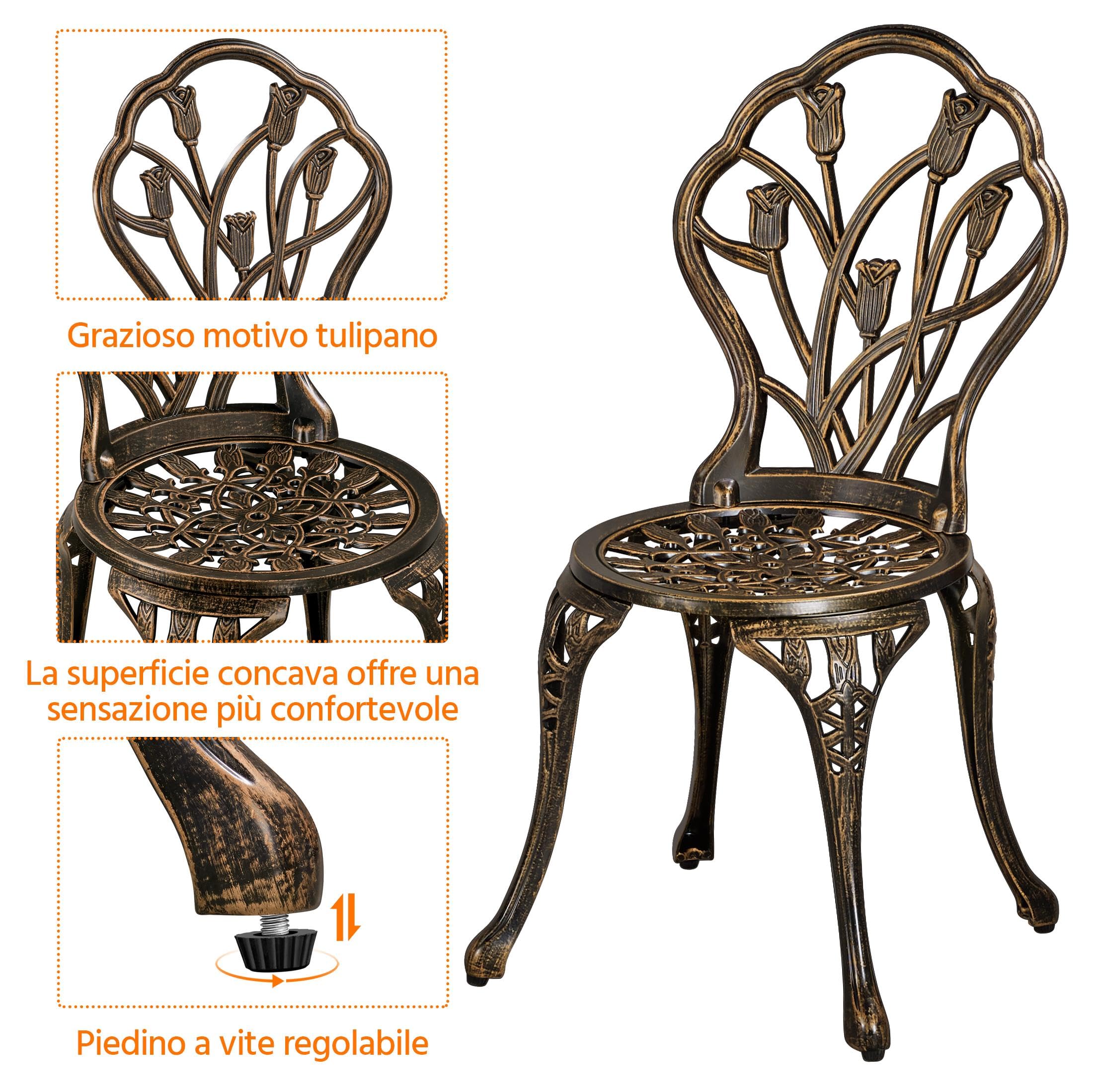 Yaheetech Set di Tavolo e Sedie da Giardino Set Mobili 2 Sedie 3 Pezzi Bistrò Veranda Balcone Motivo a Tulipano Lega di Alluminio Bronzo
