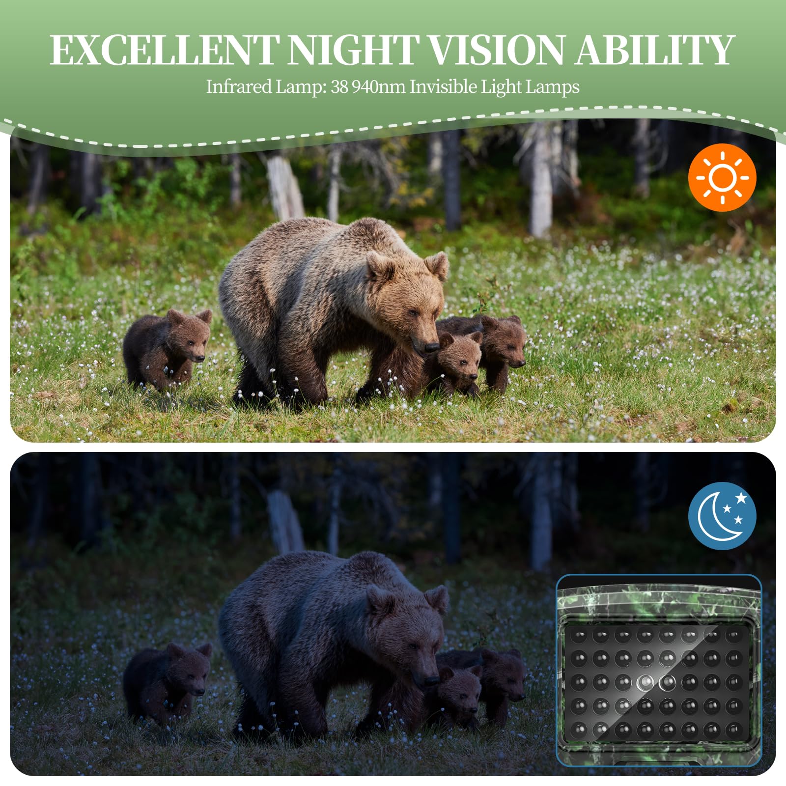 Camera de Chasse, 2.7K 58Mp HD Camera Exterieur 46 LED Infrarouges De 940 nm, Camera Vision Nocturne Animaux avec Carte SD 32Gb, Vitesse de Déclenchement de 0,2 Seconde, Étanchéité Ip66