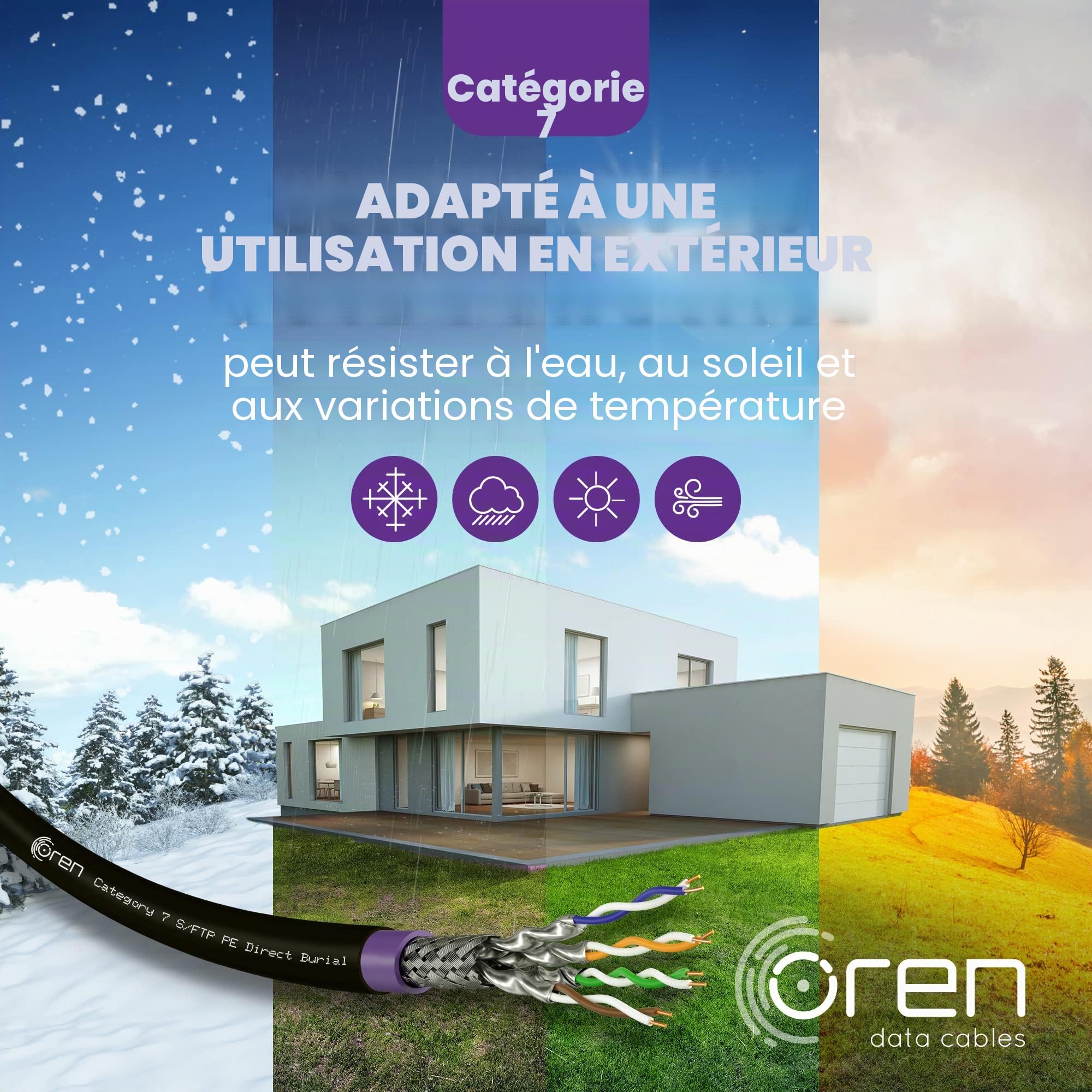 Oren CAT7 100m Câble Ethernet Extérieur - Enfouissement Direct - Câble en Cuivre Pur 23 AWG - Bande passante 900 MHz - Câble réseau LAN Internet S/FTP, sans halogène, sans corrosion - 10GbE