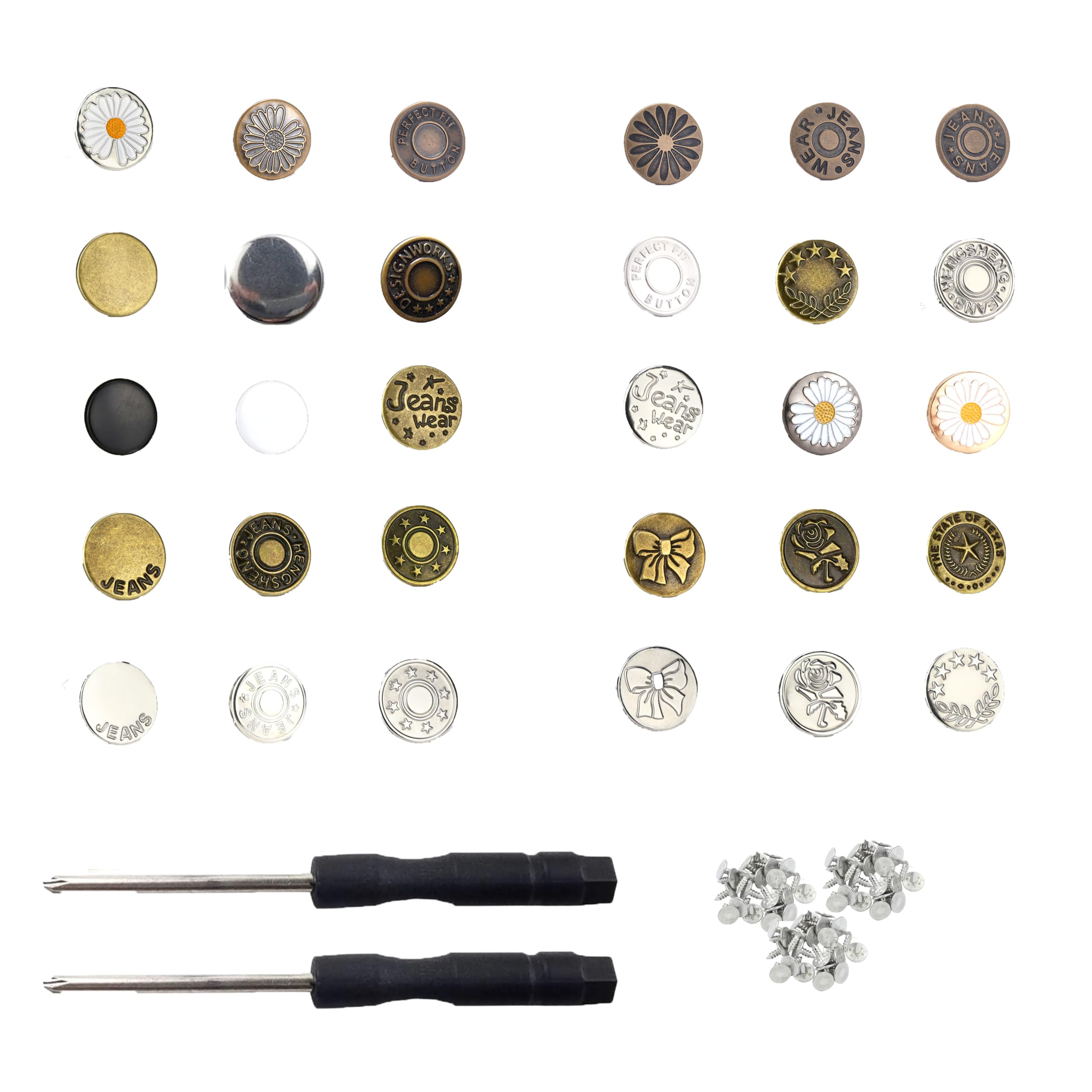 120 Sets Buttons for Jeans, No-Sew Removable Adjustable Metal Buttons Pins, Pants Button Replacement Tightener Repair Combo Thread Rivets