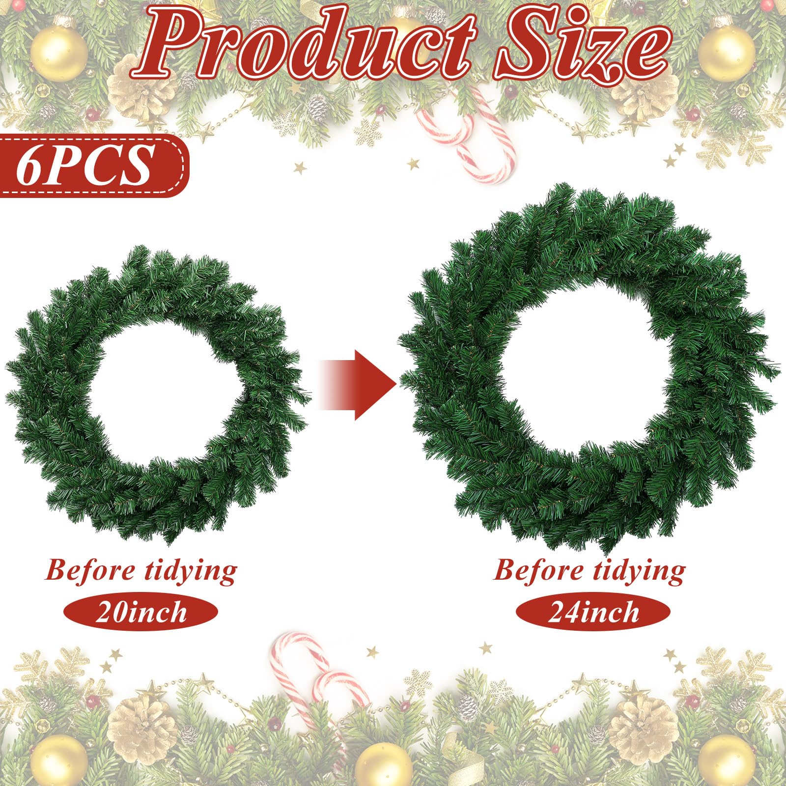 Hotop 6 Pcs 24 Inch Pre Lit Christmas Wreath with Lights Large ...