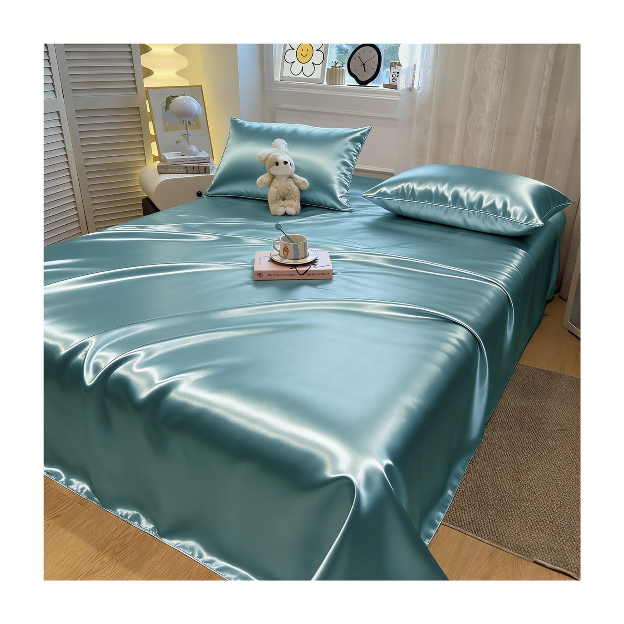 GBHMJU Satin Flat Sheet Twin Queen King Hotel Luxury Silky Flat Bed Sheet Extra Soft Silky Satin Flat Sheet/Top Sheet(Green A,230x250cm)