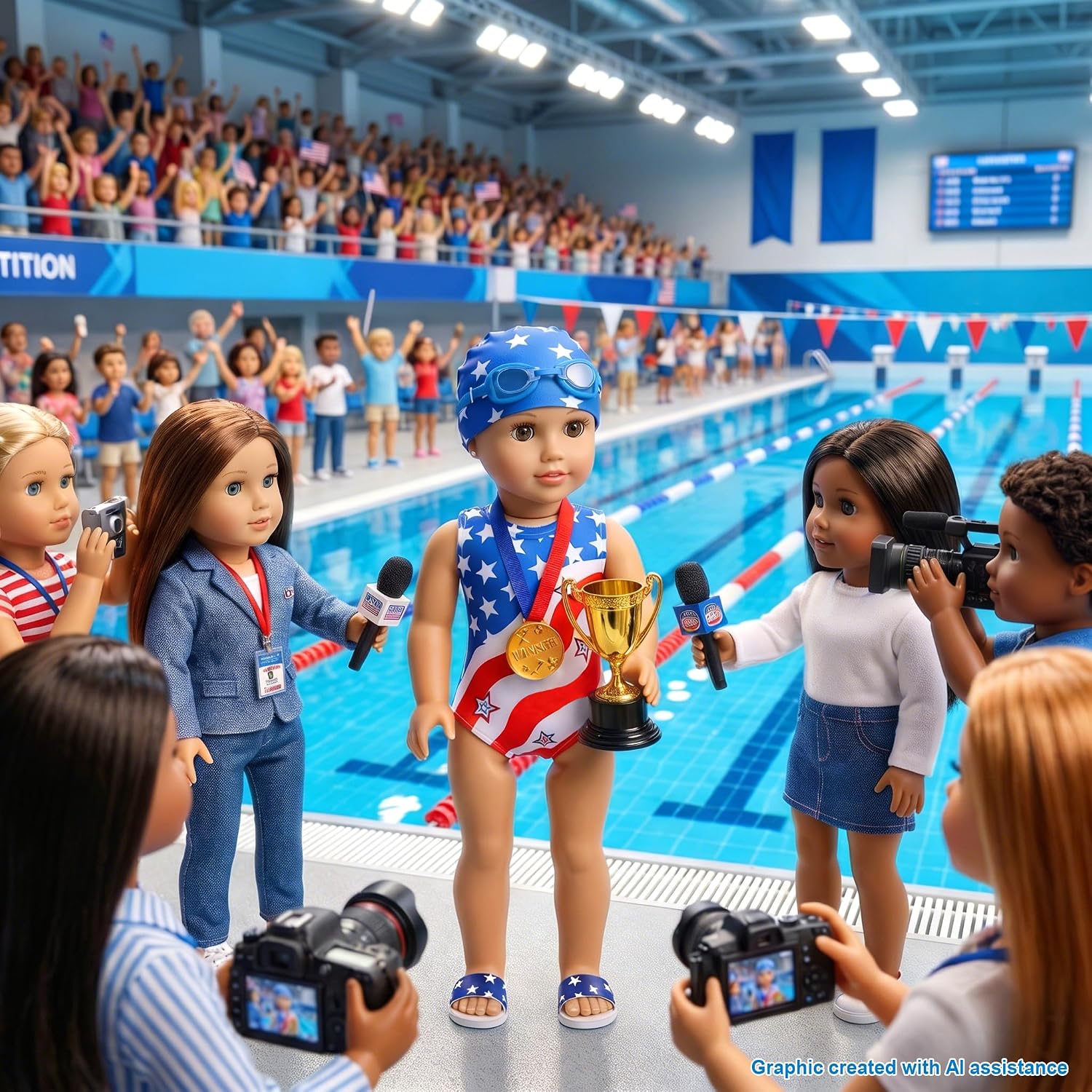 9 Pcs American 18" Doll Clothes Swimsuit Set & Accessories | Swimming Sports Set,Star Print Outfit with Competition Accessories for 18 Inch Girl Doll, Girls Birthday Gift, No Doll
