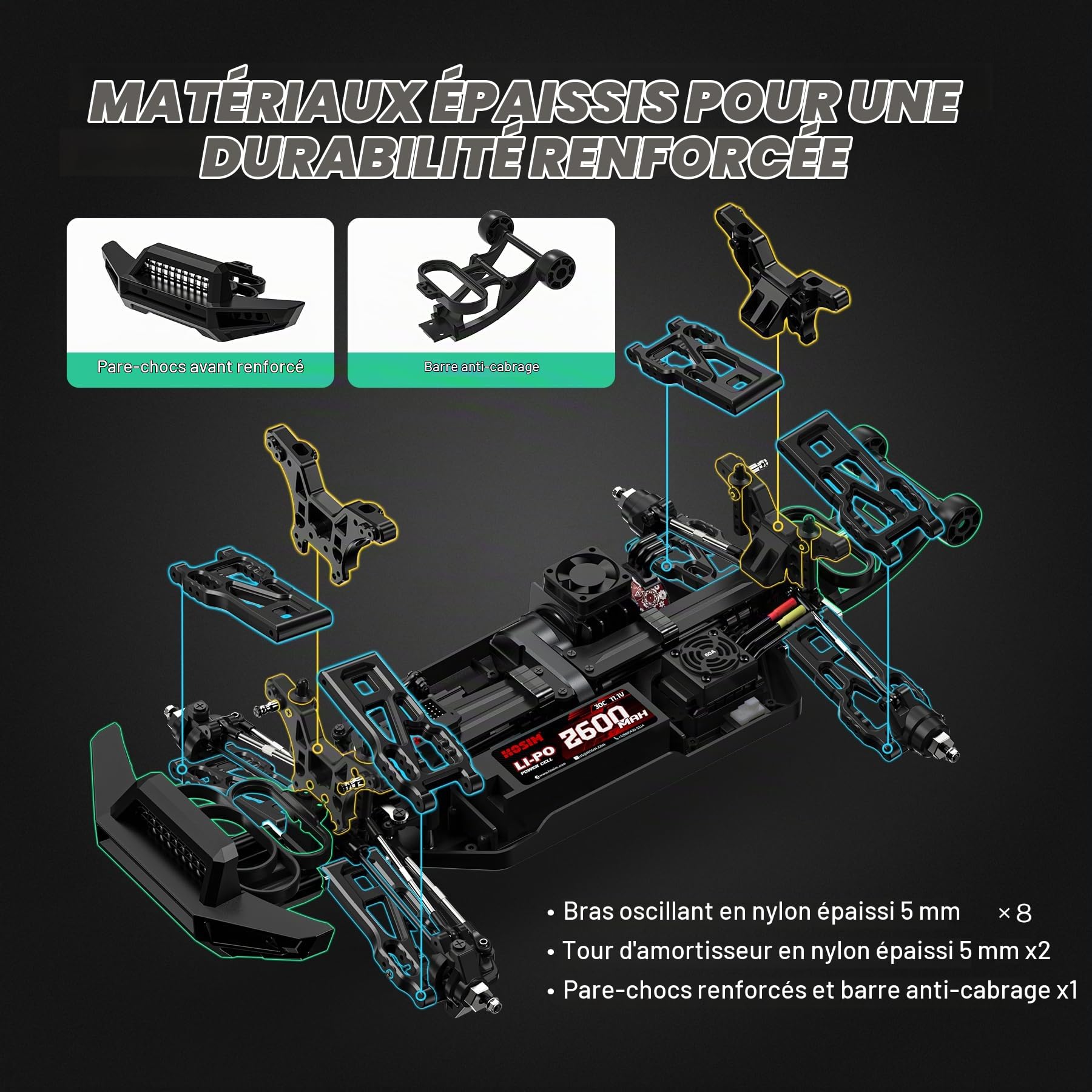 Hosim - Voiture télécommandée rapide pour adultes 80 km/h, mini camion télécommandé 1:8 avec trois différentiels, 4WD tout-terrain étanche RC Car avec 2 batteries 3S