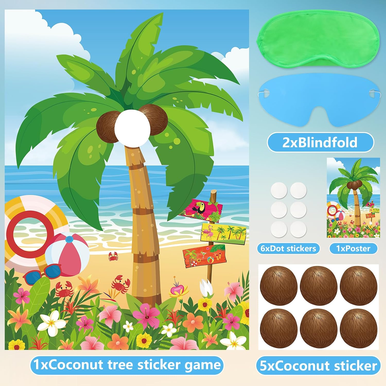 Hxezoc Hawaiian Luau Party Game for Kids Pin The Coconut on The Palm Tree with 30 Pcs Coconut Stickers, Large Summer Tropical Palm Tree Poster for Hawaiian Birthday Party Supplies