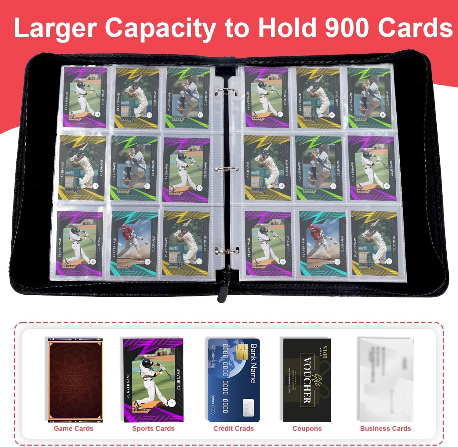 Baseball Trading Card Binder, 50 Sleeves 9 Pocket Card Zipper Binder with 900 Card Loading Pockets, Sport Collection Album Holder Storage Organizer