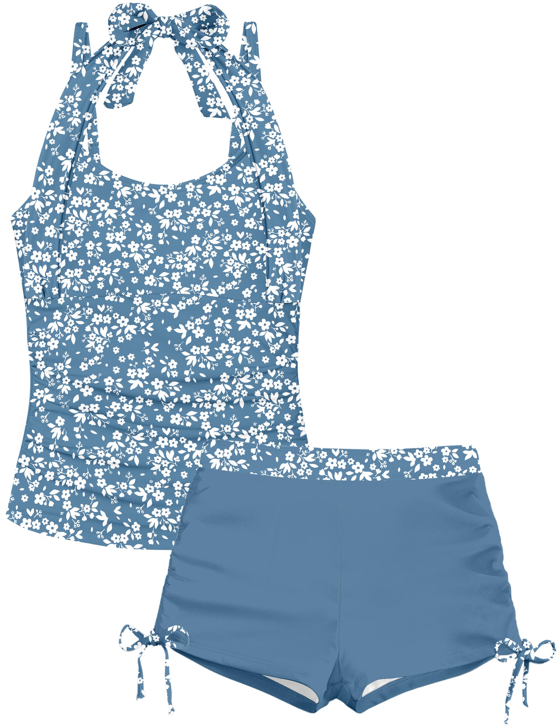 Girls Swimsuit 2 Piece Halterneck Girls Tankini Swimsuit Drawstring Printed Swim Shorts Girl Bathing Suit for 7-18T