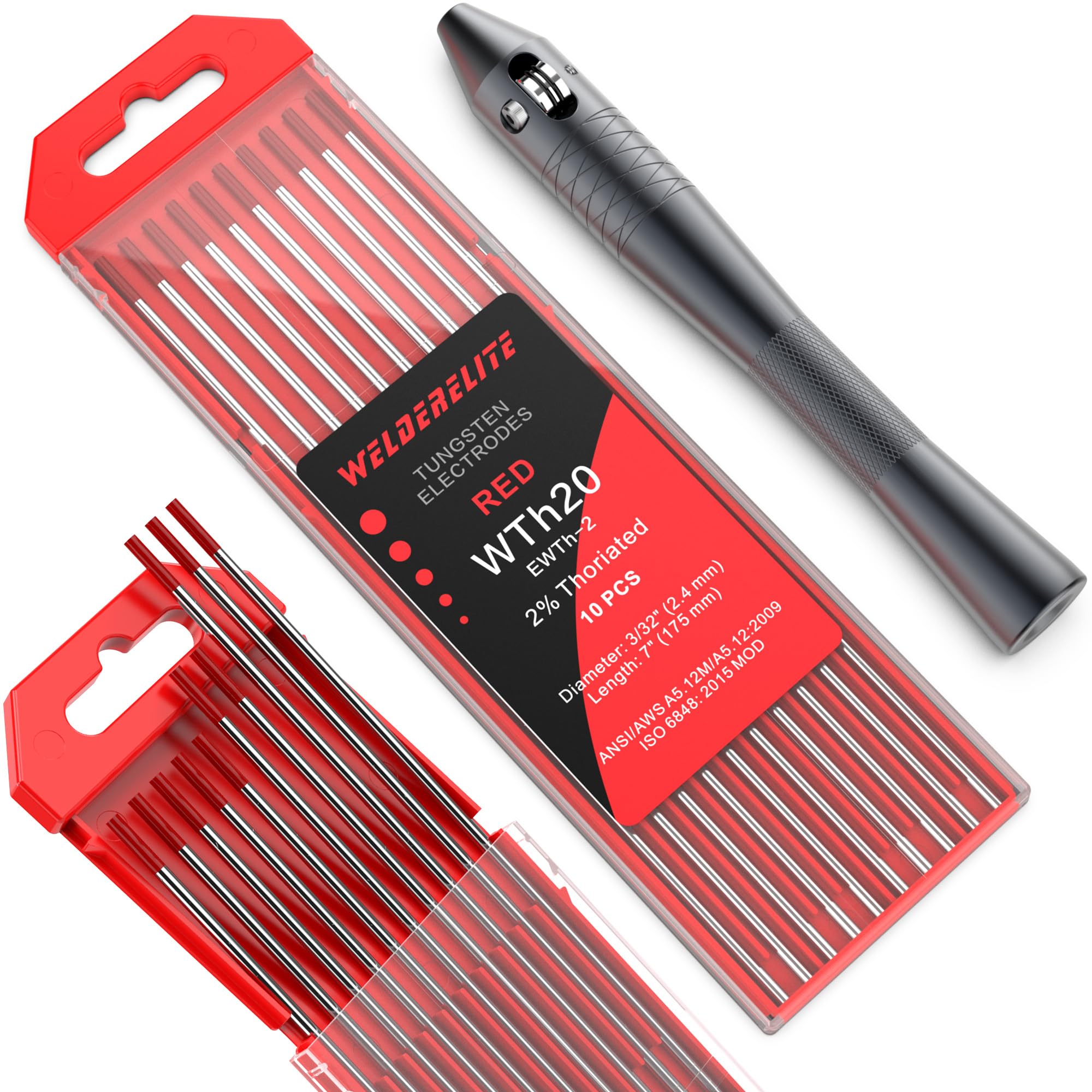 WelderEliteTIG Wire Feeder Pen with 3/32'' × 7'' Red Thoriated Tungsten Electrodes (10 Pack) for DC TIG Welding | 2% Thorium for Superior Arc Stability | Suitable for Steel & Stainless Steel