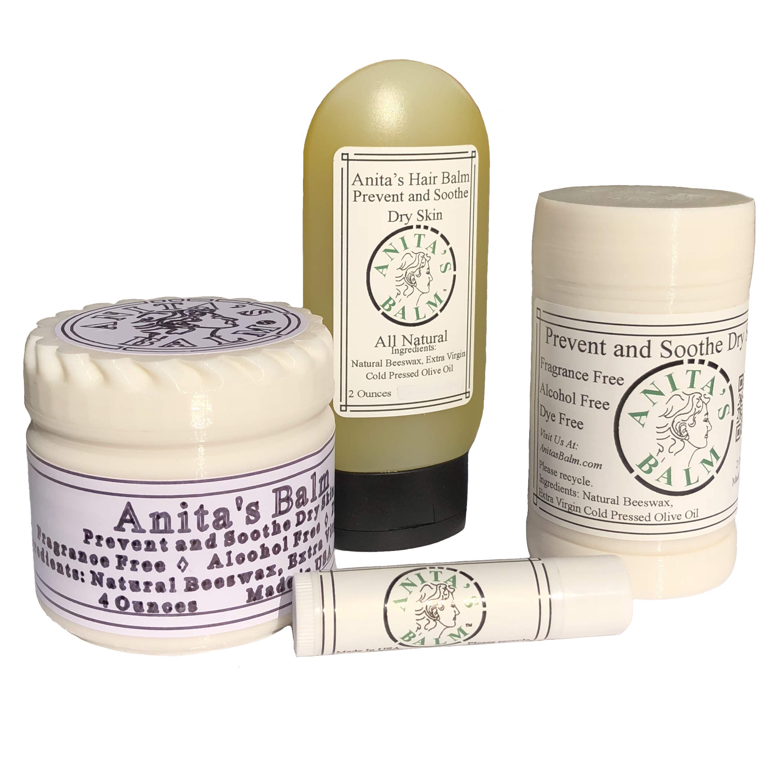 Anita'sBalm 4 Piece Set, Lip Balm, Hair Balm, 2 Ounce Tube, 4 Ounce Jar