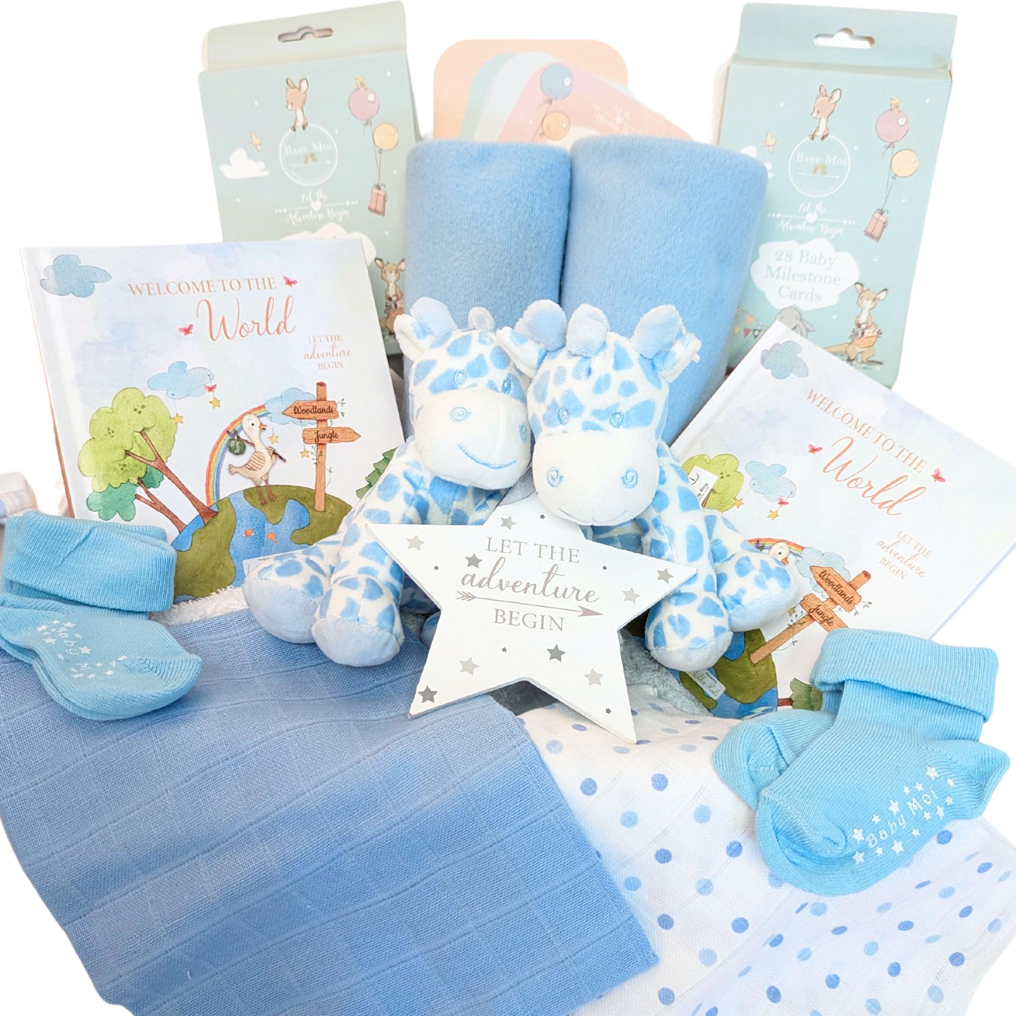 New Baby Boy Twins Gift Hamper Keepsake Gift Book, Baby Shower Gifts for Mum to be, Boys Gift, Soft Toy Blue Giraffes