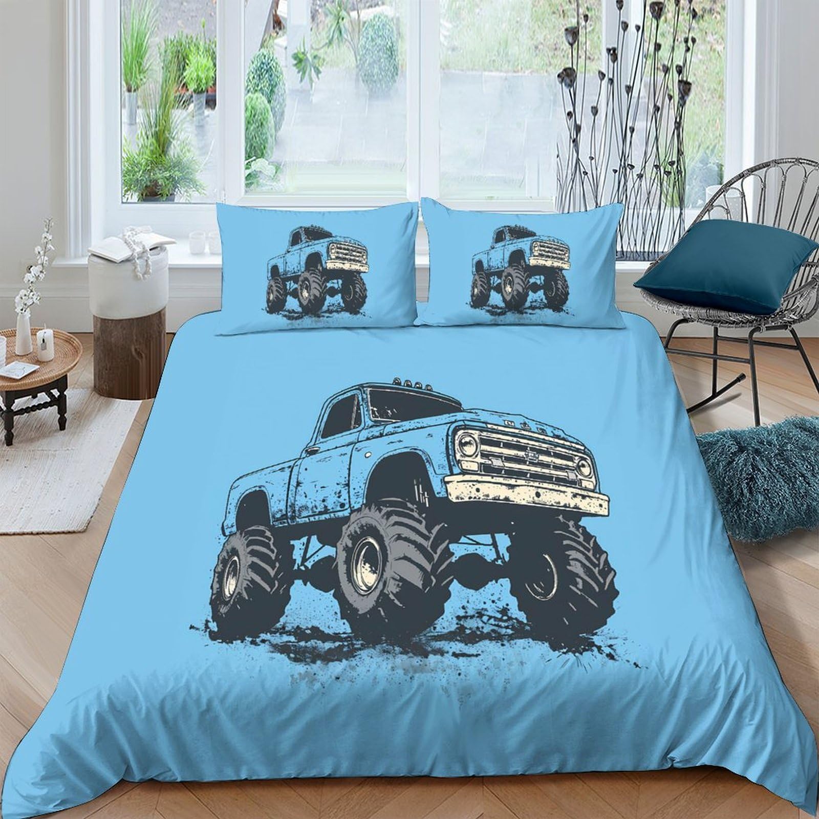 Ctjqhvkz Style-1 3D Printed Blue Monster Truck Fitted Sheet Microfiber Soft Mattress Cover Anti-Slip Washable For Bedroom Guestroom Decor Single（135X200cm）