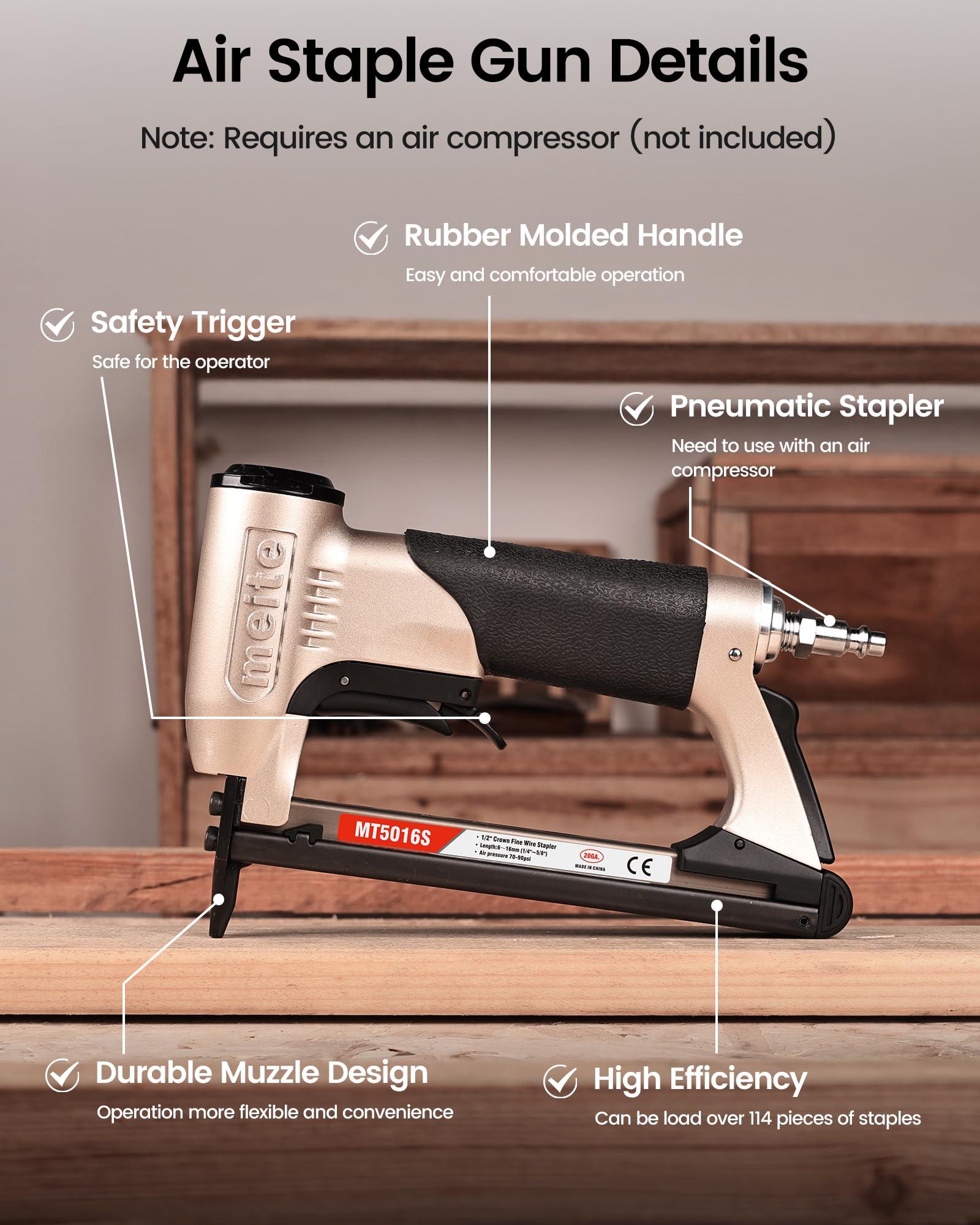 meite MT5016S - Pinzatrice pneumatica per tappezzeria, con interruttore di sicurezza per tappeti, funiture e lavorazione del legno, utilizza graffette tipo 50, lunghezza 6-16 mm