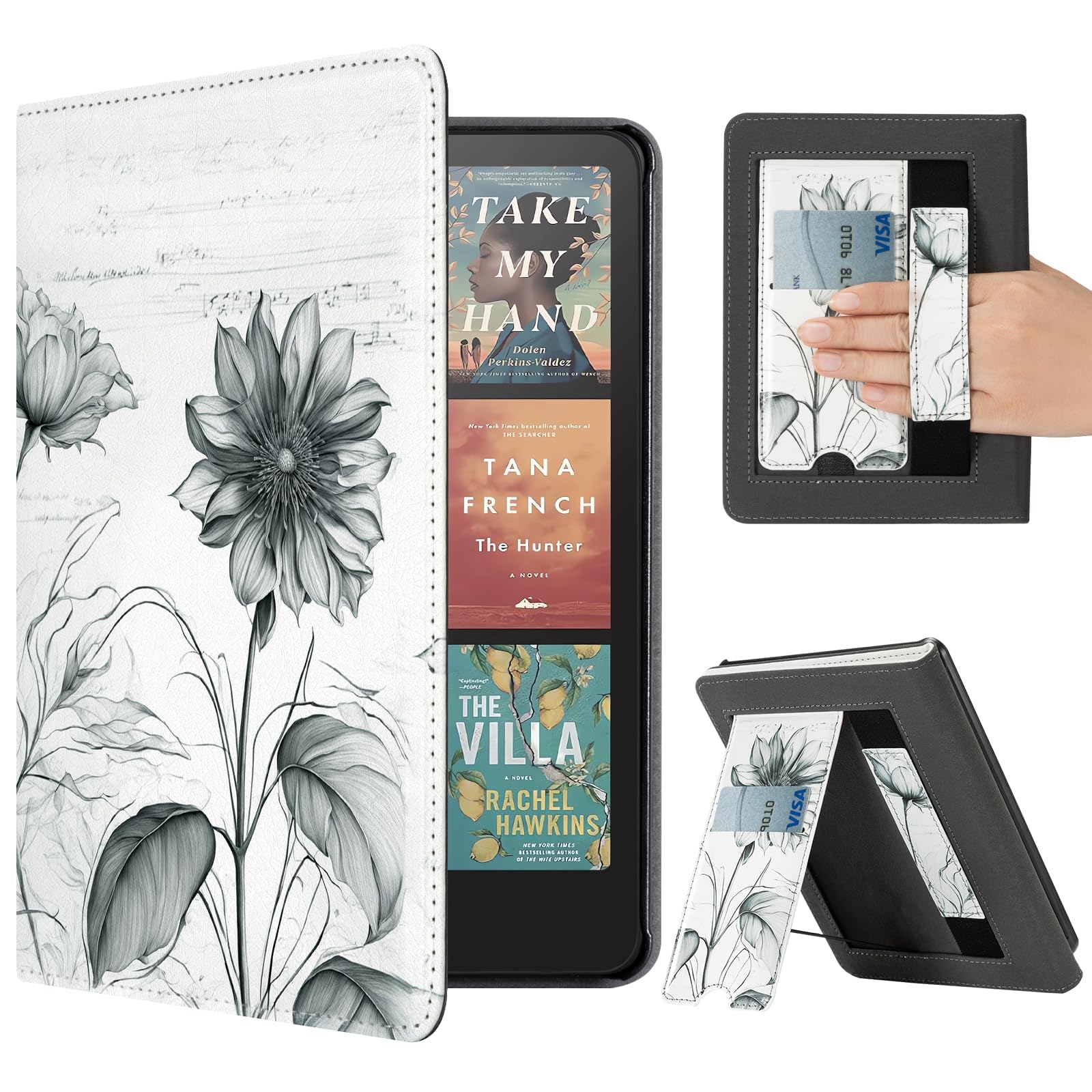 CoBak Case with Stand for Kindle Paperwhite 12th Gen 2024 Released (7") &amp; Kindle Colorsoft Signature Edition - Durable PU Leather Cover with Auto Sleep Wake, Card Slot, Hand Strap Feature, Sunflower