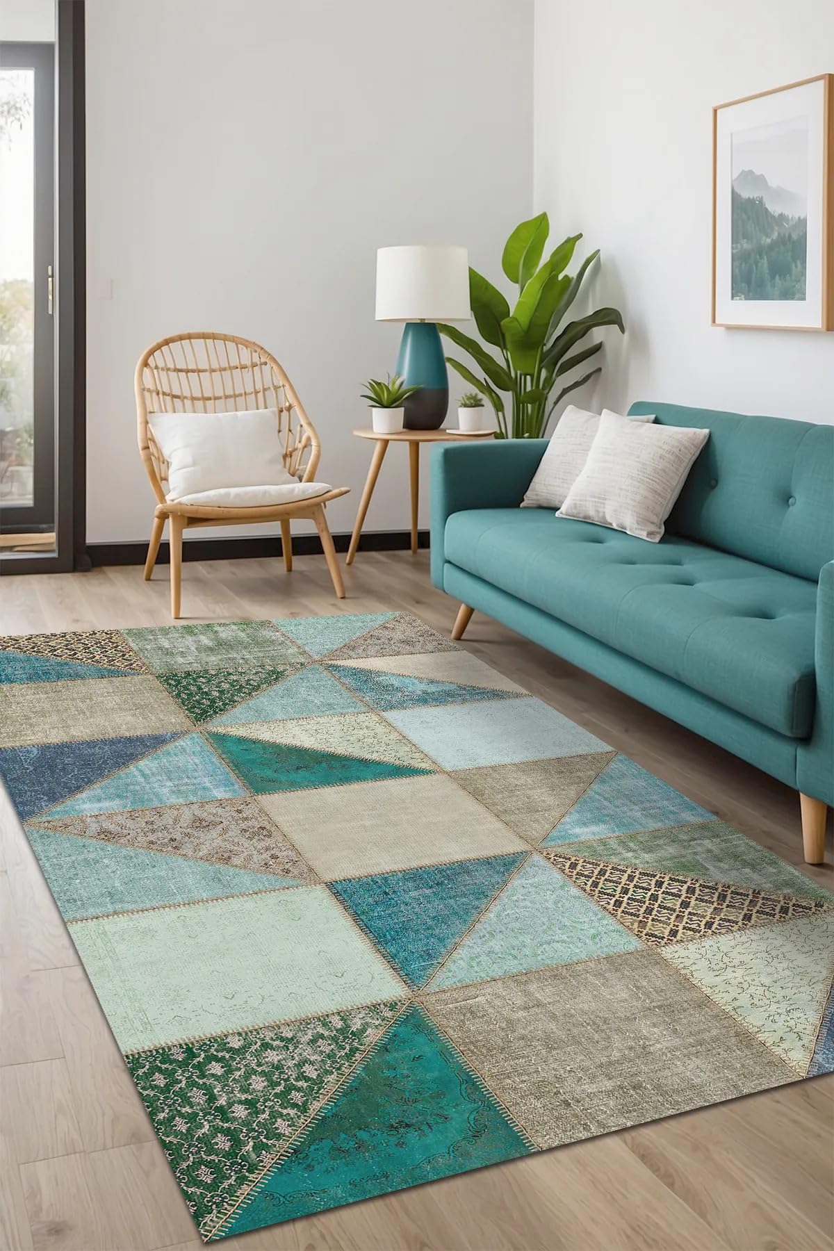 Latte Dizayn Lavi Patchwork Desenli Şönil Pamuk Tabanlı Yıkanabilir Kaymaz Antibakteriyel Salon Halısı 100x300