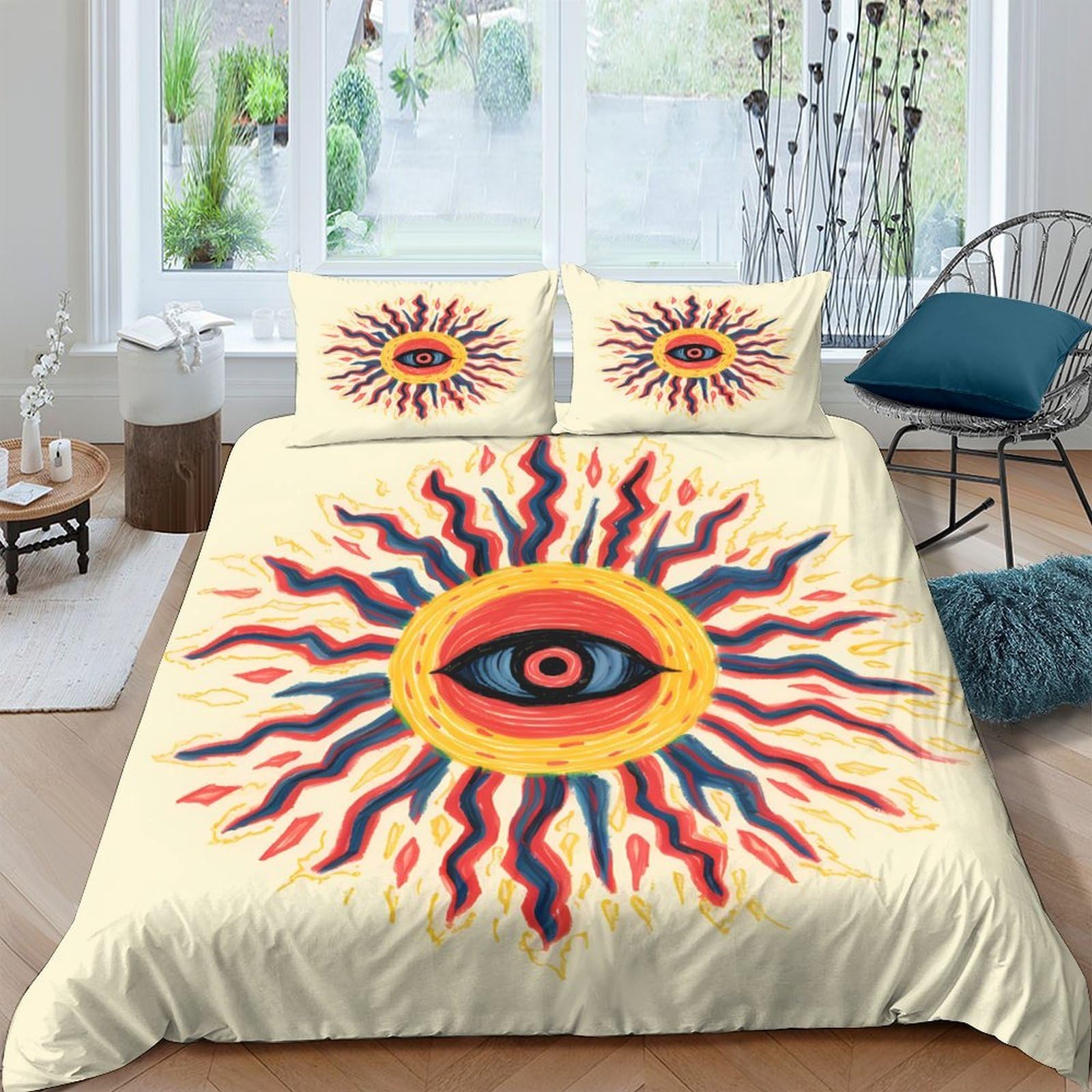 Ctjqhvkz Style-4 3D Printed Surreal Eye Sun Fitted Sheet Microfiber Soft Anti-Slip Psychedelic Rays Mattress Cover Bedroom Decor Single（135X200cm）