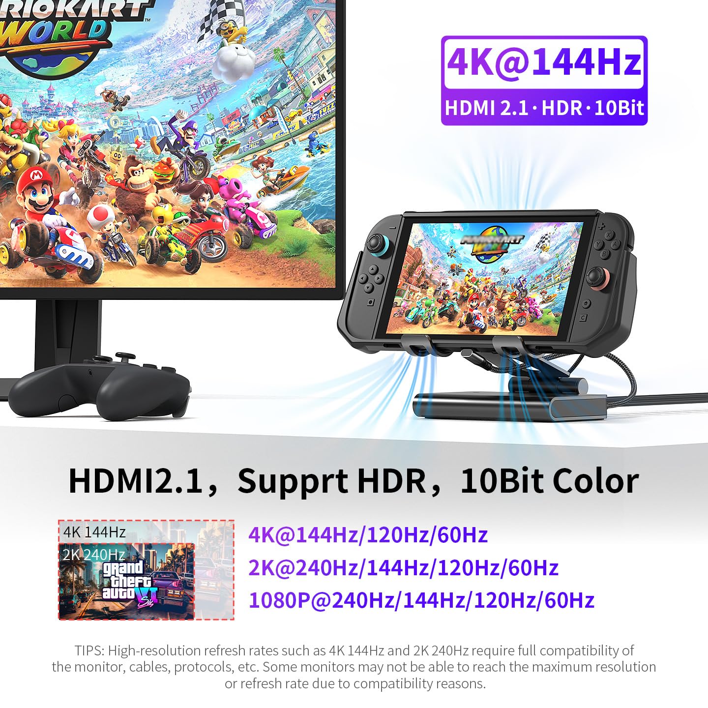 Docking Station Magnetica a Doppio Ventilatore 4K@144Hz – PD 100W e Gigabit per ROG Xbox Ally/X, ROG Ally/X, Switch 2/1, Steam Deck (OLED), Claw/Claw 8, LEGION Go e Serie OneXPlayer