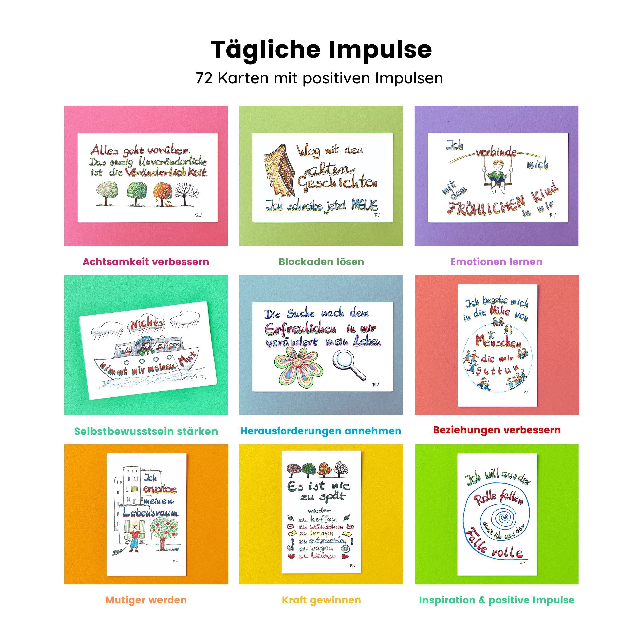 Lebenskarten Serie 1" Das Original" (72 Karten + Begleitheft) – Affirmationskarten, Coaching Karten für Selbstwert, inneres Kind & Krisenbewältigung – Achtsamkeitskarten als Geschenk für Frauen