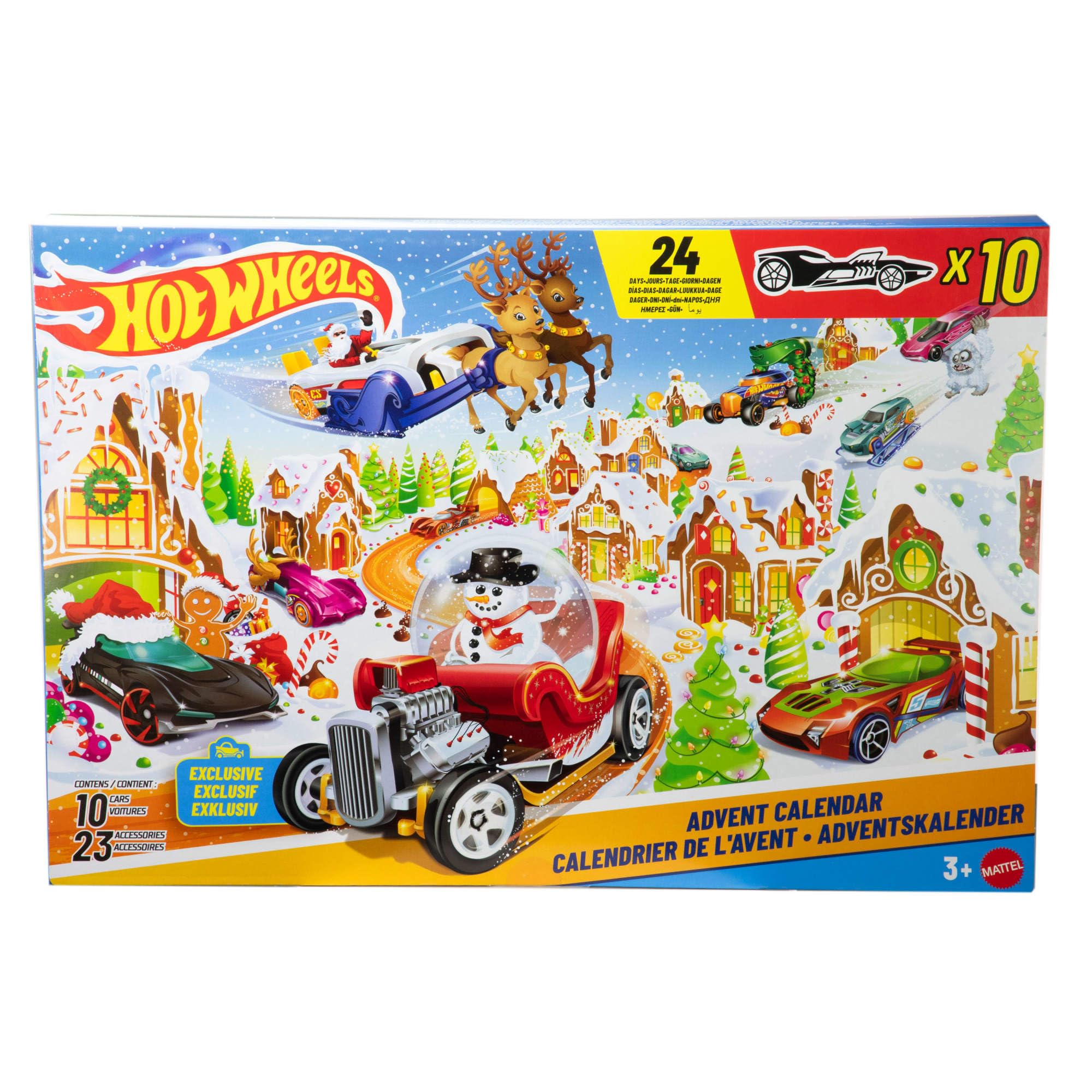 Hot Wheels Calendrier de l'Avent 2025, avec 10 véhicules à l'échelle 1/​64, 10 clips de présentation et 14 accessoires sur le thème de l'hiver, JCB47