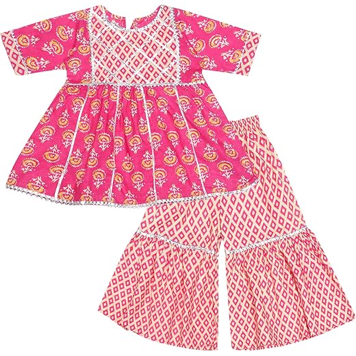 superminis Baby Girl's Cotton Sanganeri/Floral Printed Frock Style Kurti With Printed Sharara Dress Clothing Set