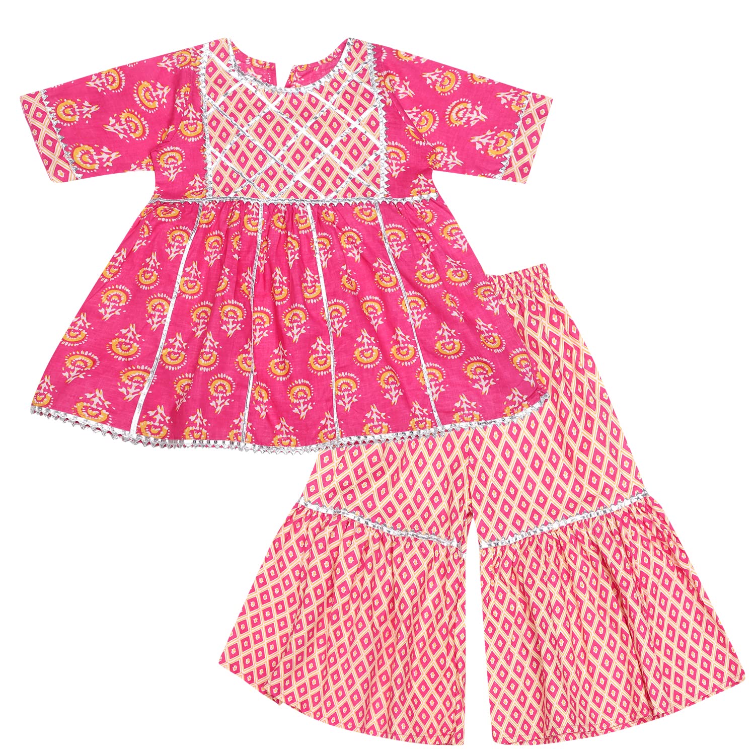 superminis Baby Girl's Cotton Sanganeri/Floral Printed Frock Style Kurti With Printed Sharara Dress Clothing Set