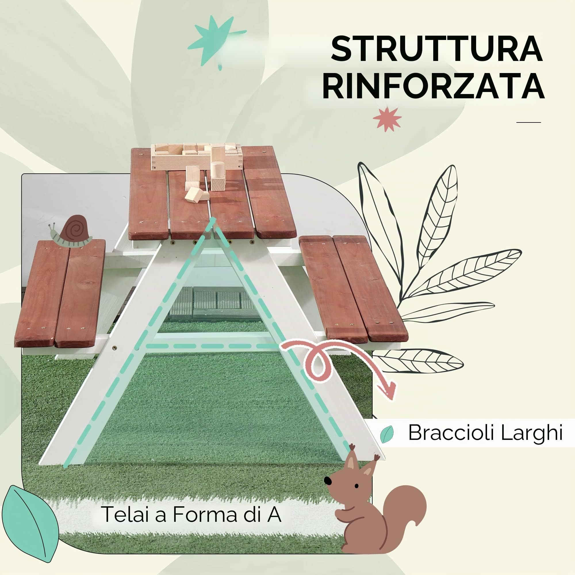 Outsunny Set Tavolo da Picnic per Bambini, Tavolo e Panche in Legno, Mobili da Giardino per Bambini, Giochi da Esterno, Età 3-8 Anni, Marrone