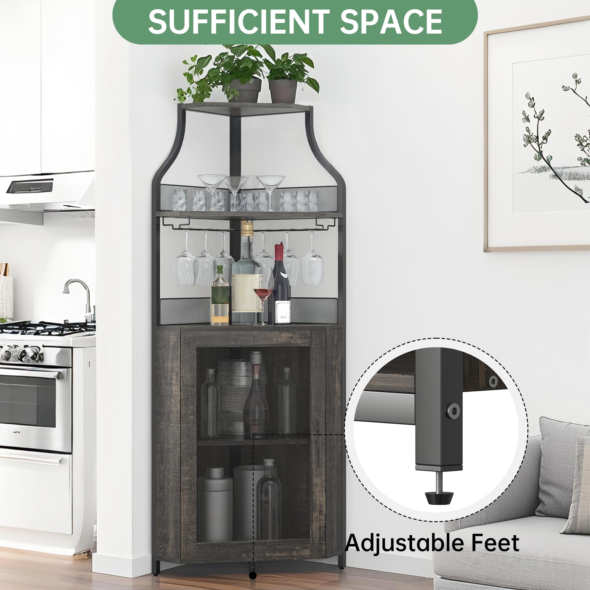 Garvee Eck-Weinbar-Schrank Mit Großem Stauraum Und Abnehmbarem Weinregal, Kaffeebar Mit Glasaufbewahrung Und Gittertür, 4-Stufiger Getränkeschrank Für Bar- Und Weinlagerung.