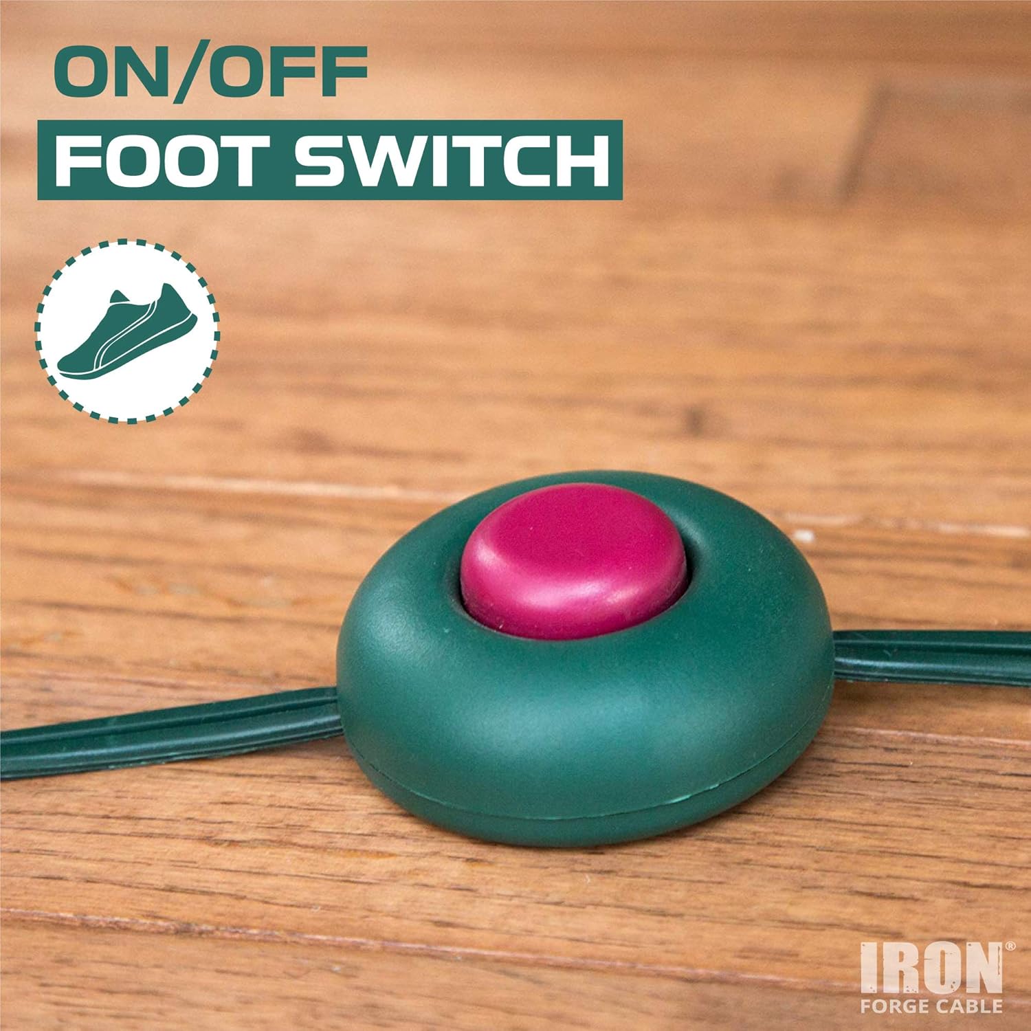 Iron Forge Cable 3 Outlets Foot Switch Extension Cord 15 ft, 2 Pack, 13 Amp Green Extension Cord with Foot Tap Switch Multiple Outlets, 16/2 Indoor Lamp Cord with Multiple Plugs 15 ft