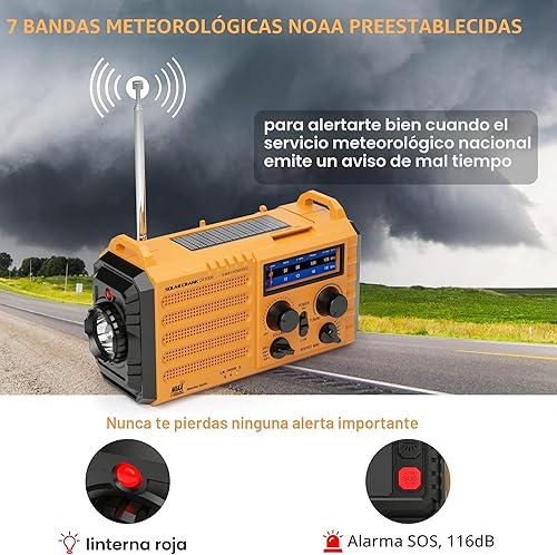 Miniatura 2 de Radio de emergencia con alerta meteorológica NOAA, radio AM/FM con manivela solar portátil para supervivencia, radio alimentada por batería