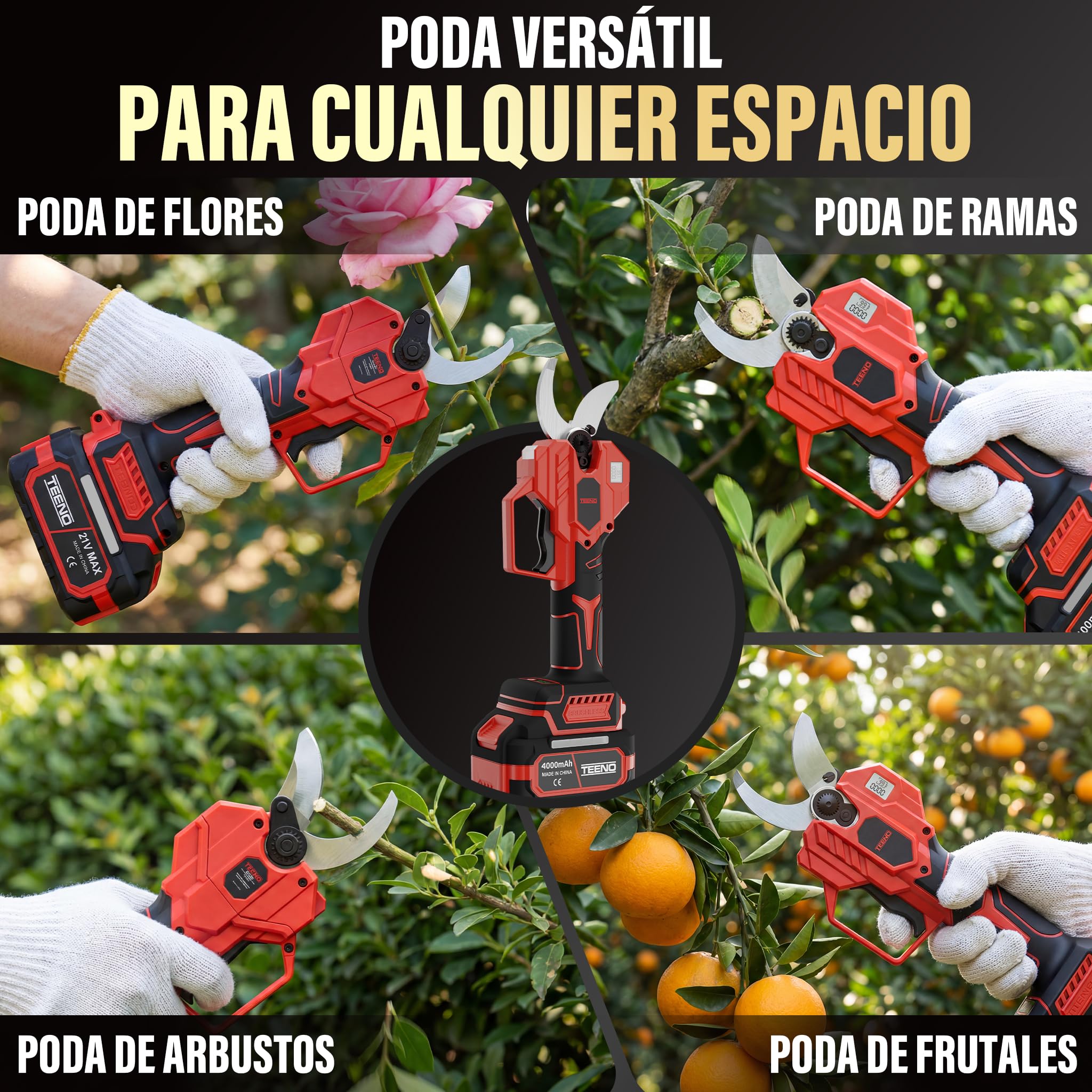 TEENO Tijeras de Podar Eléctricas, con Baterías 8000 mAh, Tijeras de Poda de 50mm Tijeras de Motor Brushless para Jardinería, Cable de extensión 1,05 m,Árboles Frutales, Viñedos