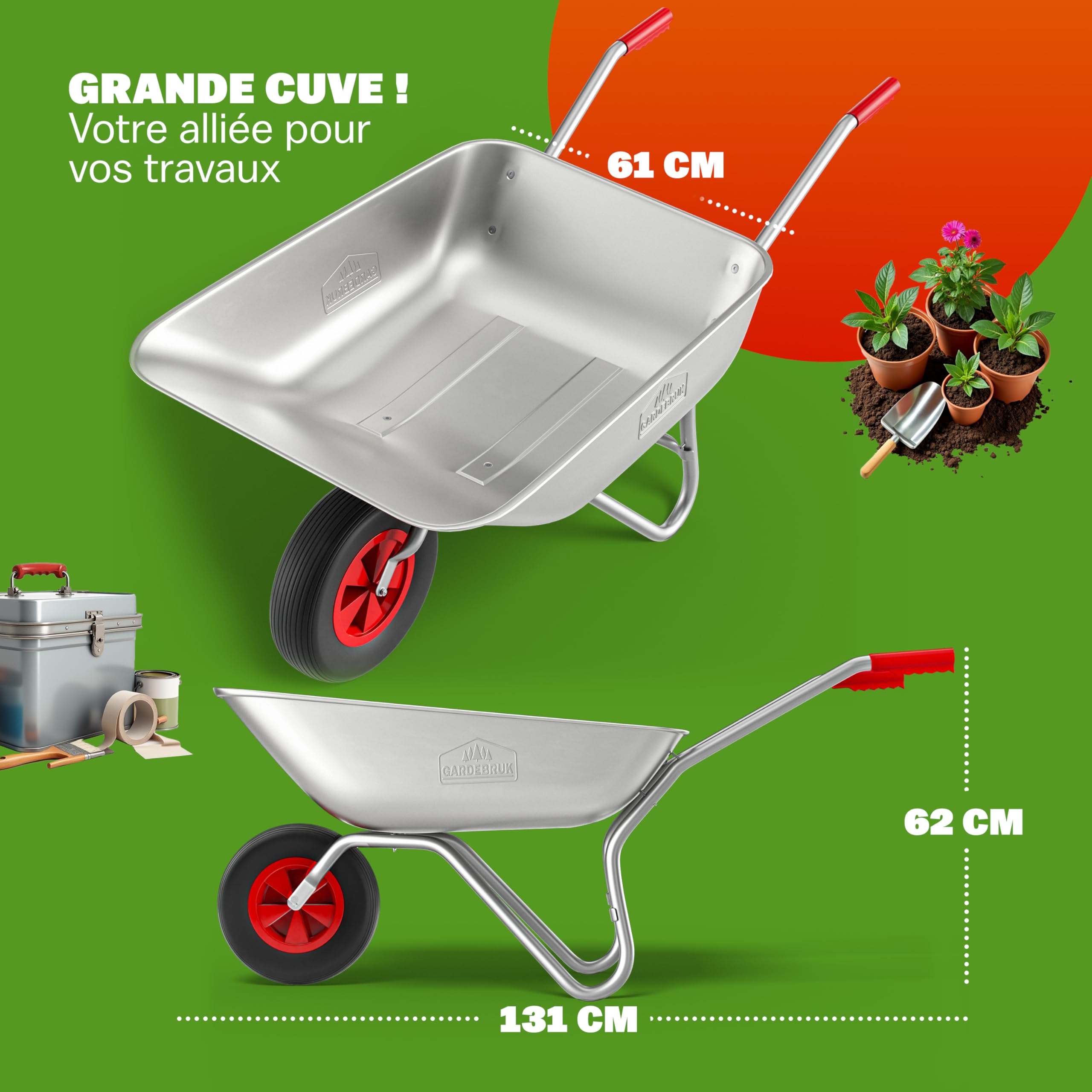 GARDEBRUK® Brouette 80L Max. 100kg galvanisée poignée Caoutchouc brouette Jardin brouette de Chantier Jardinage Chariot de Transport Roue de brouette pneumatique outils jardinage