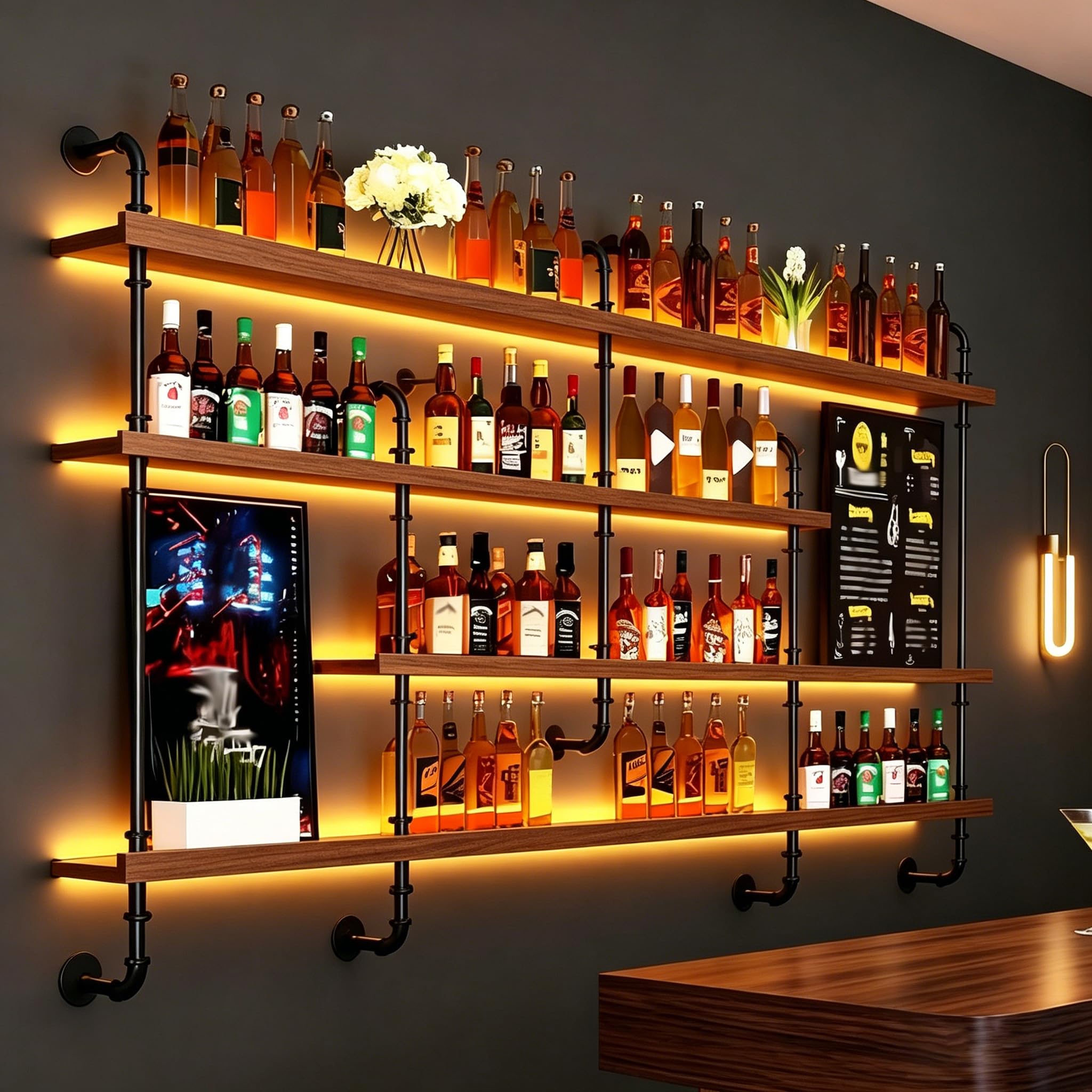 Estante de Vino montado en la Pared con luz, 4 Modernos estantes de Madera para Botellas de Licor, estantes flotantes, Organizador para Bar y Comedor (150×20×150CM Nuez)