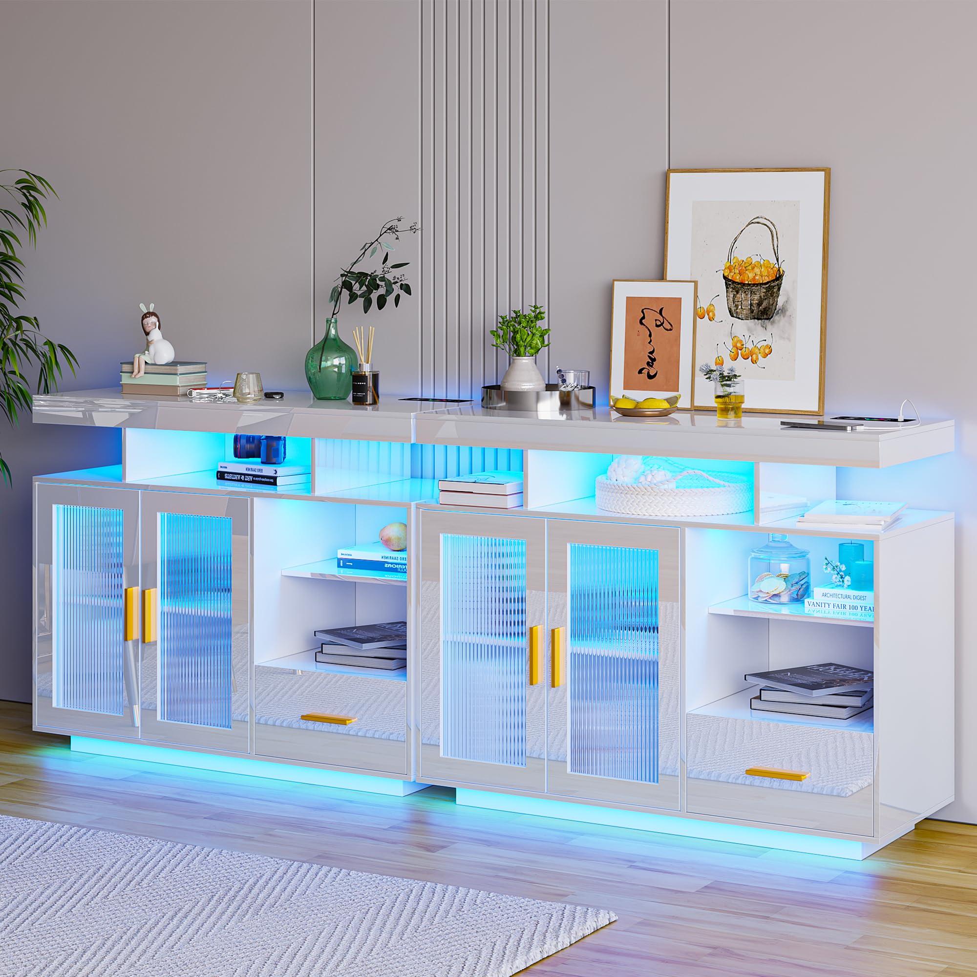 Set of 2 Large LED Sideboard Cabinet with Charging Station, High Gloss Kitchen Storage Cabinet with Auto Sensor 24-Color Lights for Living Room (White)