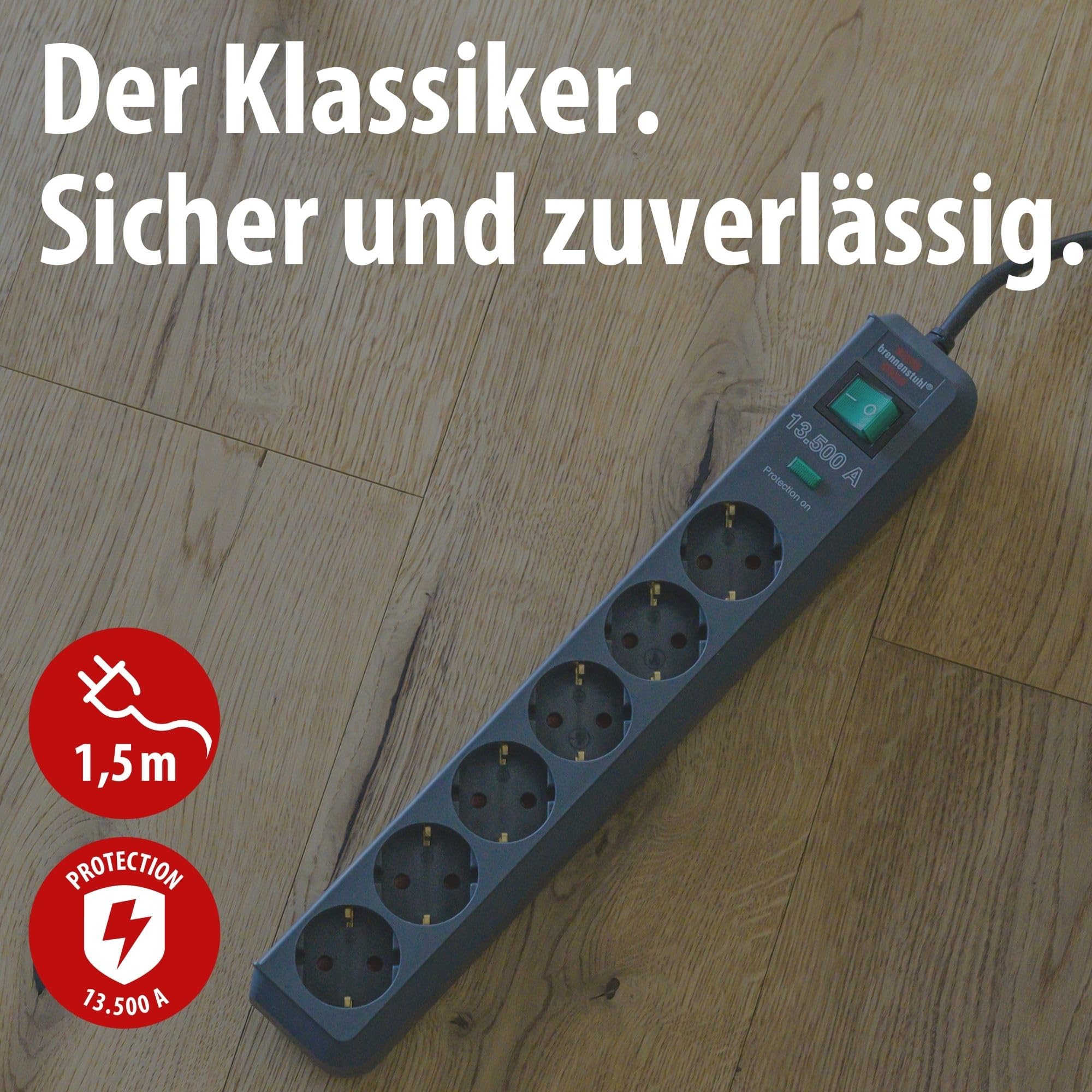 Brennenstuhl 3er Set Eco-Line Steckdosenleiste 6-Fach, 1,5m Kabel | Mit Überspannungsschutz, Mehrfachsteckdose mit erhöhtem Berührungsschutz, Schalter, anthrazit
