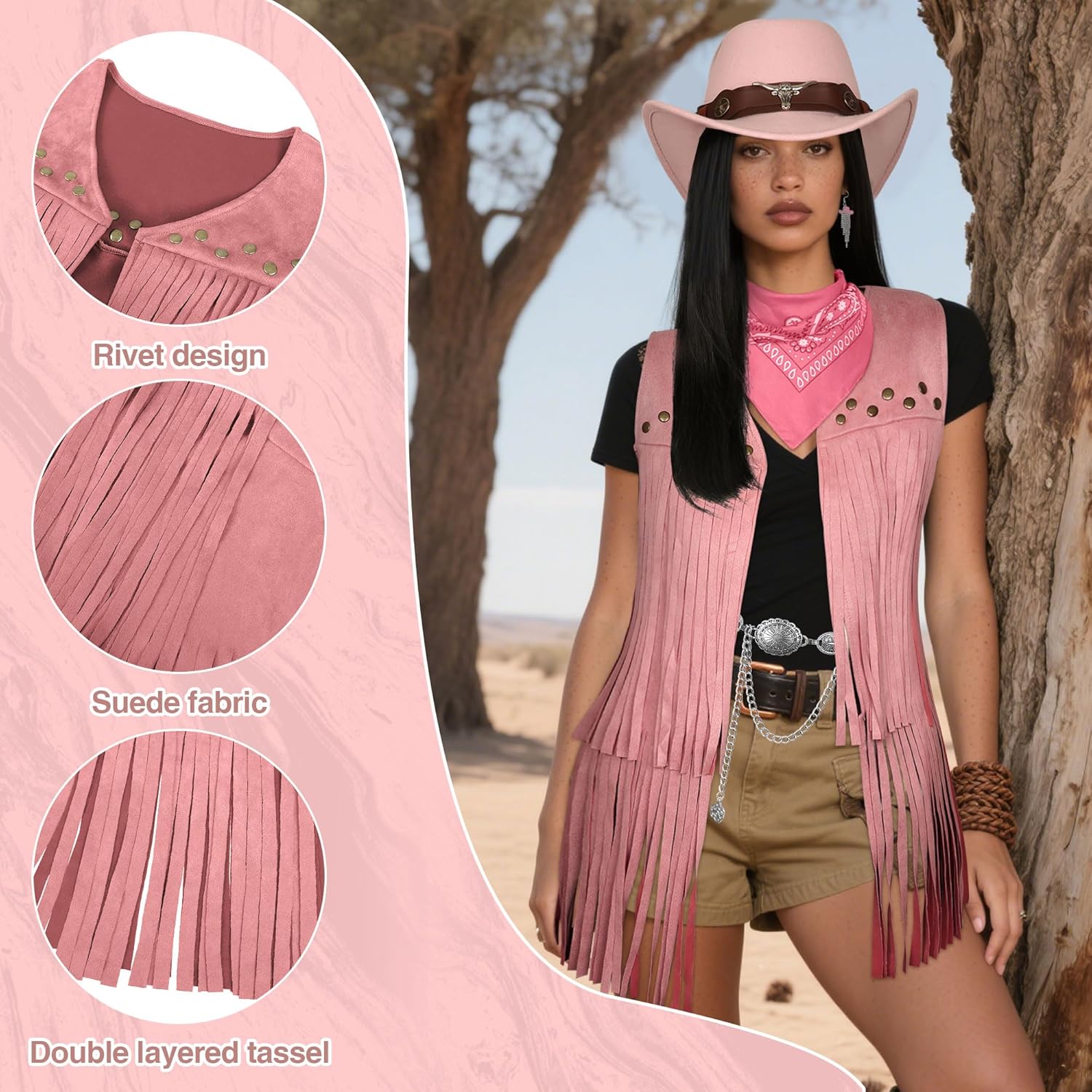 Cowgirl Costume for Women Retro Fringe Vest Cowboy Outfits Hat Earrings Waist Chain Western Costume - Image 4