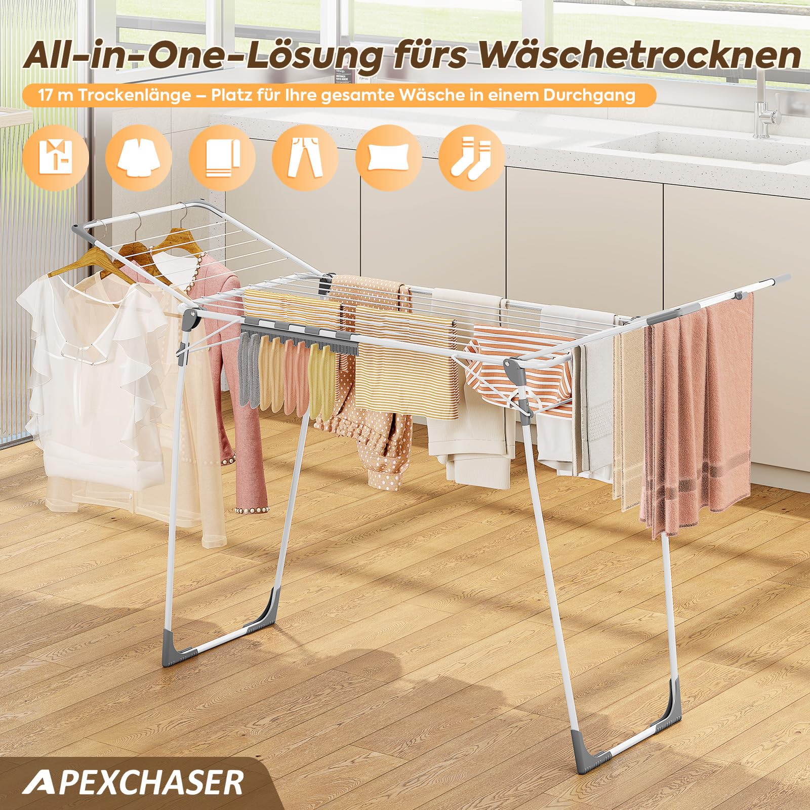 KINGBOARD Wäscheständer klappbar groß, Flügelwäscheständer ausziehbar 174x97x156 cm, Stabiler Wäschetrockner Ständer mit rutschfesten Füßen, Standtrockner faltbar für Innen und Außen, Weiß