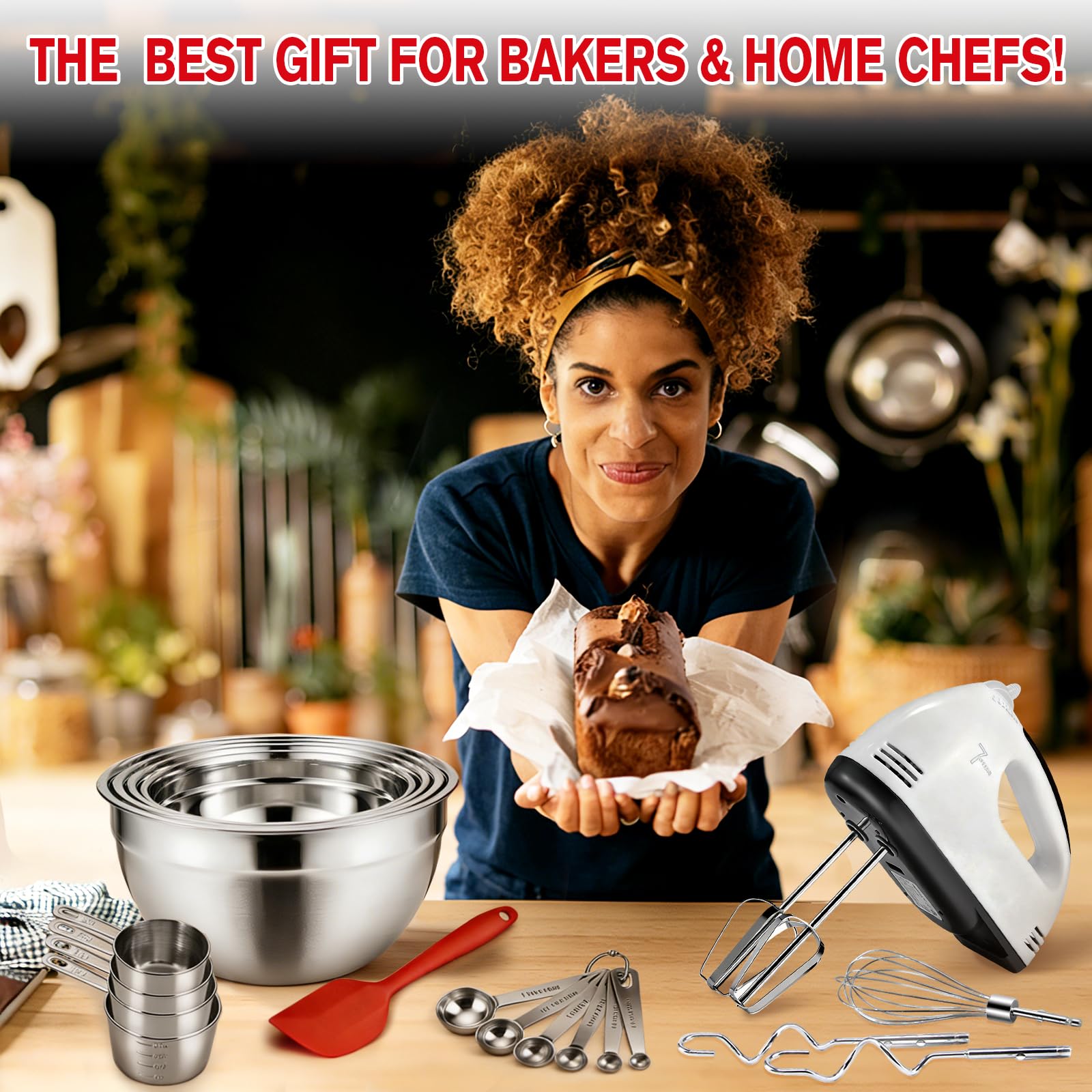Elektrischer Handmixer mit Edelstahl-Schüssel-Set–Handmixer mit Turbo-Boost-Funktion und 7 Geschwindigkeitsstufen, großen Rührschüsseln, Messbechern, Löffeln und Silikonspatel für das Backen in Küche