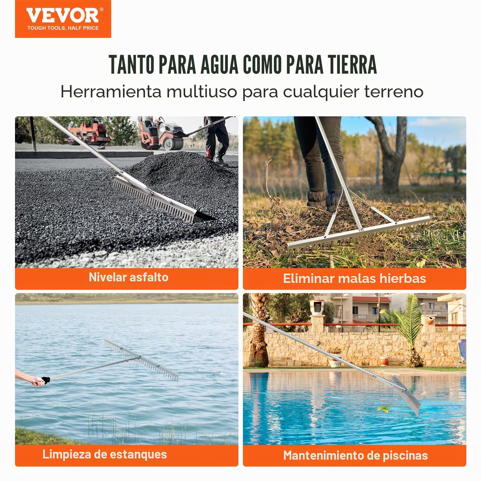 VEVOR Rastrillo de Paisaje, Rastrillo de Aleación de Aluminio con Cabezal de 36", Rastrillo de Malezas con Mango Largo de 75", para Aflojar la Tierra, Cuidado del Césped, Lago, Jardín, Estanque