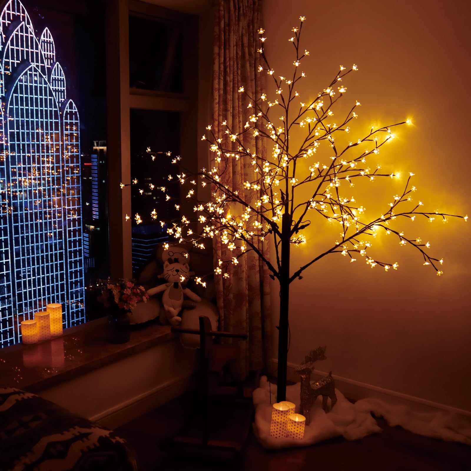 CCLIFE Arbre Lumineux Interieur LED de Noel Extérieur Lumineuse avec Fonction de Mémoire, Lampe Cerisier, Blanc Chaud, IP44, 180cm, 336 LED, CushHom