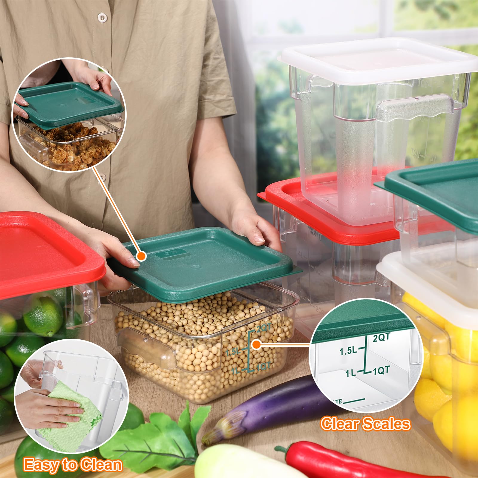 Suclain Juego de 6 recipientes de almacenamiento de alimentos con tapas, 2 cuartos de galón, 4 cuartos de galón, 6 cuartos de galón, recipiente comercial transparente con asas de báscula para el