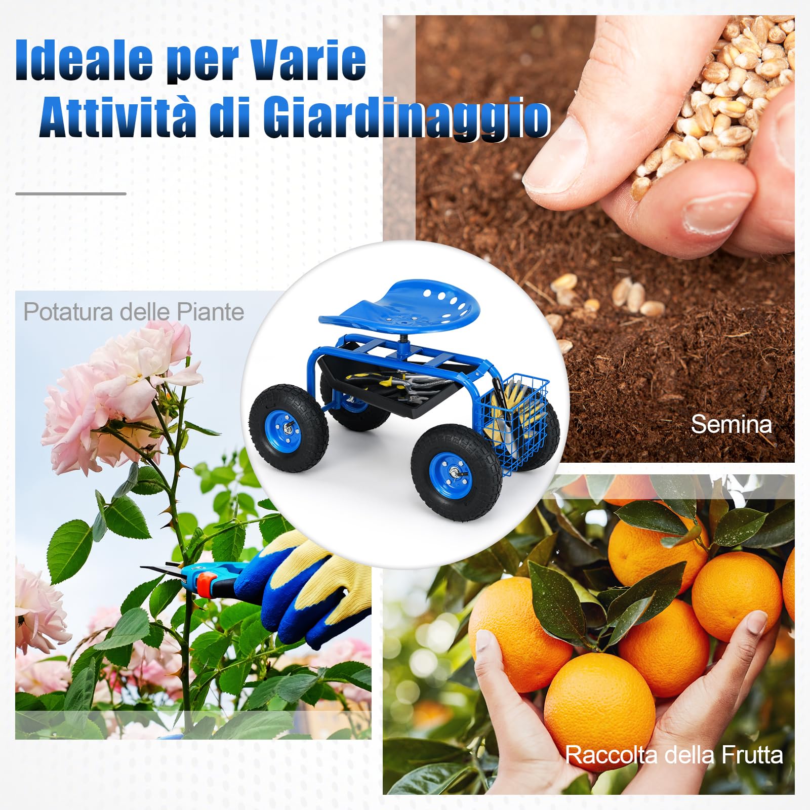 RELAX4LIFE Sgabello da Giardino per Esterno, Portata 130 kg, Sedia Carrello da Giardino con 4 Rotelline, Altezza Regolabile, Sgabello per Giardinaggio Potatura Orto (Blu)