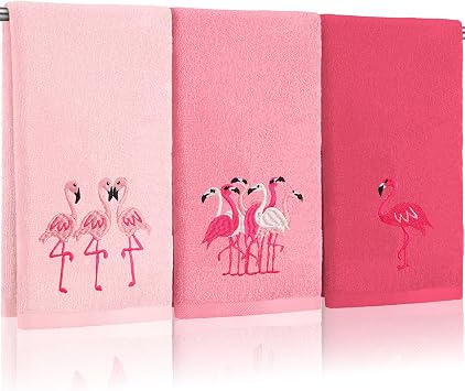 Hahafelt 3 Pack Pink Flamingo Hand Towels for Bathroom 100% Cotton Embroidered Beach Bathroom Towels 13.78 x 29.53 Inch Soft Absorbent Pink, Flamingo