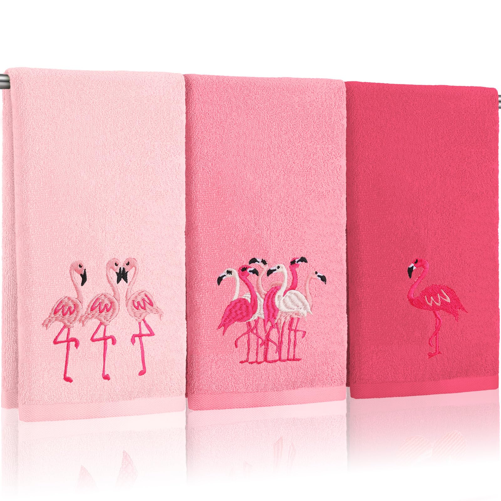 Hahafelt 3 Pack Pink Flamingo Hand Towels for Bathroom 100% Cotton Embroidered Beach Bathroom Towels 13.78 x 29.53 Inch Soft Absorbent (Pink, Flamingo)
