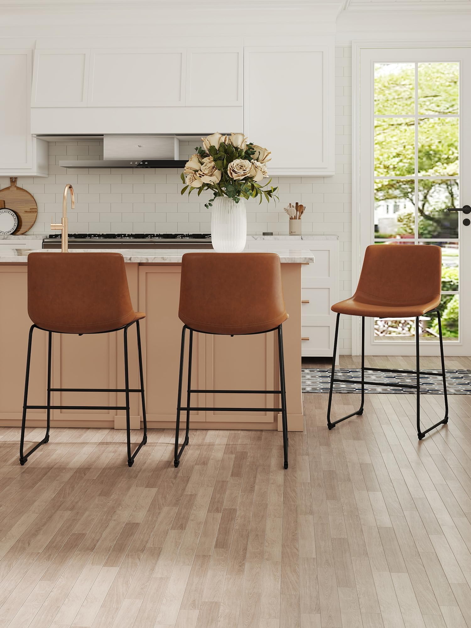 LSSBOUGHT Bar Stool, Modern Counter Height Barstools, PU Leather Bar Stool with Metal Legs and Footrest, Armless Counter Chairs with Back for Kitchen Island (Brown-26in Counter Height Barstools, 3PCS)