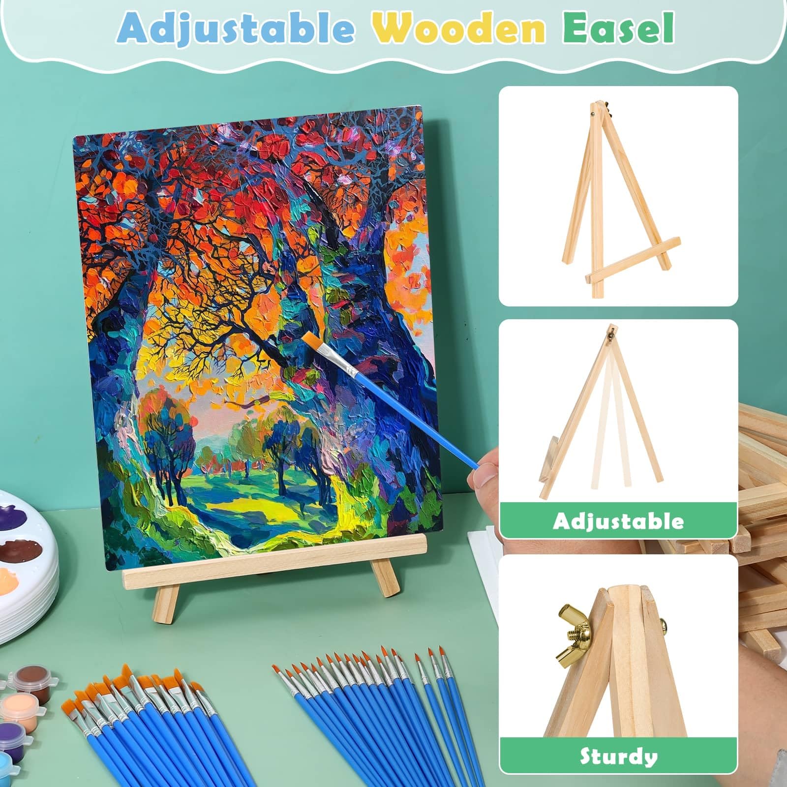 10 Stück 20,3 x 25,4 cm Leinwandtafeln zum Malen, Kunstleinwand zum Zeichnen mit 50 Pinseln und 10 Farbschalen und 10 Acrylfarben, Mini-Malleinwand mit Staffelei-Set, Malsets für Erwachsene und Kinder