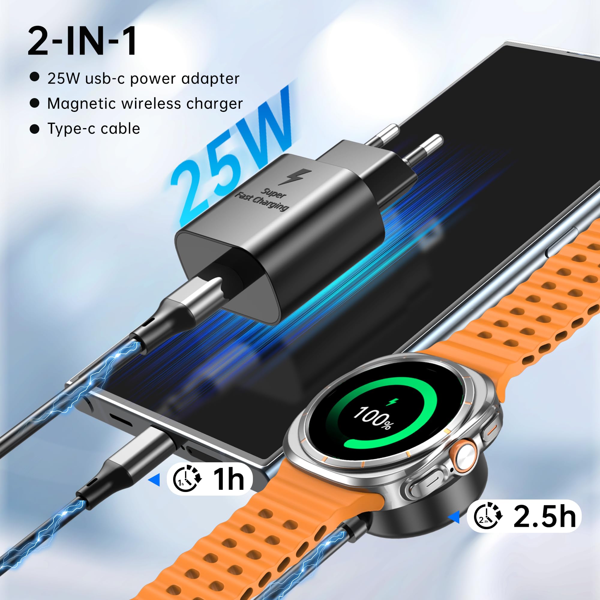Caricatore Galaxy Watch 2 in 1, 25 W USB-C, compatibile con Galaxy Watch 8/7/Ultra/6/6 Classic/5 Pro/5/4/4 classic/3/Active2/1, per Galaxy S25 Ultra/S24/S23/S22/S21 e Buds