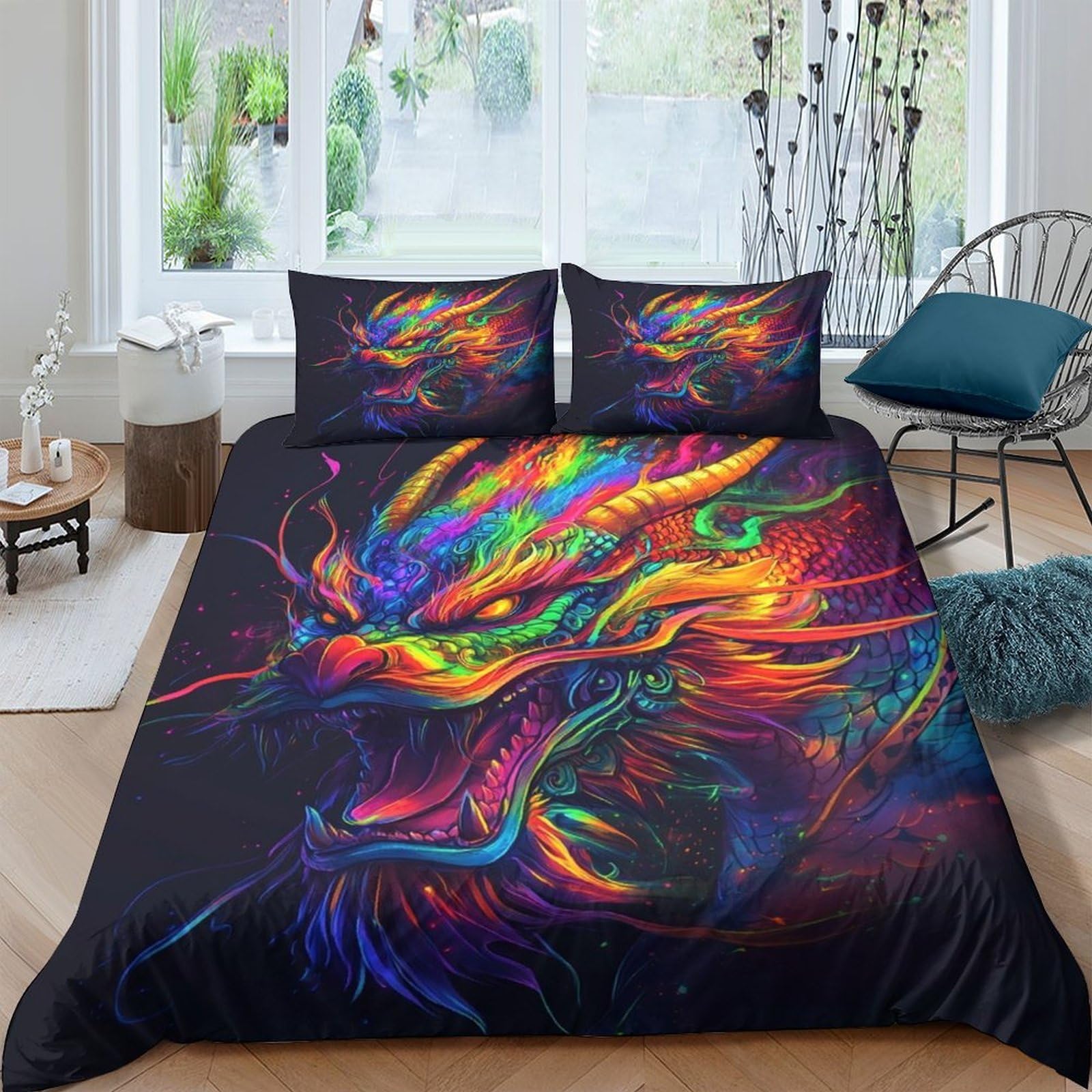 Ctjqhvkz Style-2 3D Printed Colorful Dragon Fitted Sheet Microfiber Soft Breathable Neon Fantasy Bed Cover For Bedroom Dorm Decor Single（135X200cm）