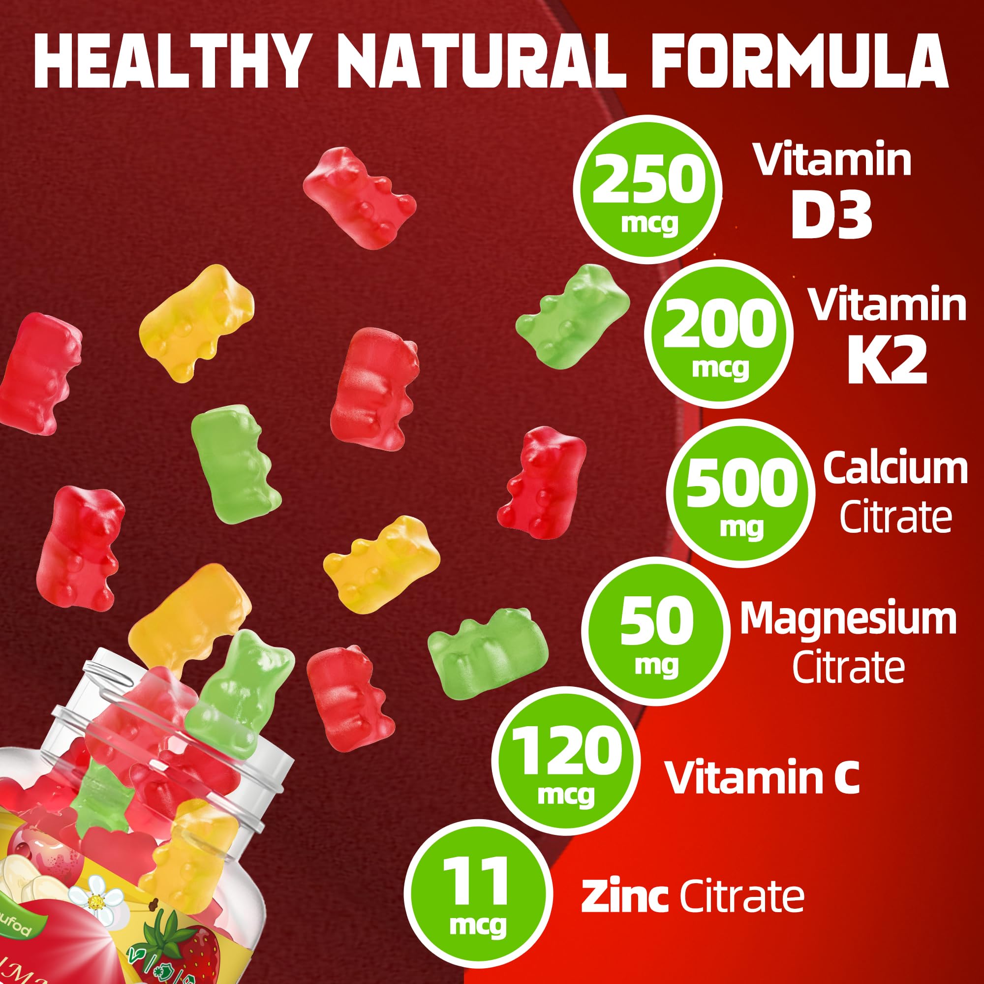 Sugar-Free Vitamin D3 K2 Gummies with Calcium + K2 (MK-7), Magnesium Citrate, Vitamin C, Extra Strength - Ultimate Absorption for Bone Muscle Teeth Immune, Vegan - 60 Gummies — Amazon image 2
