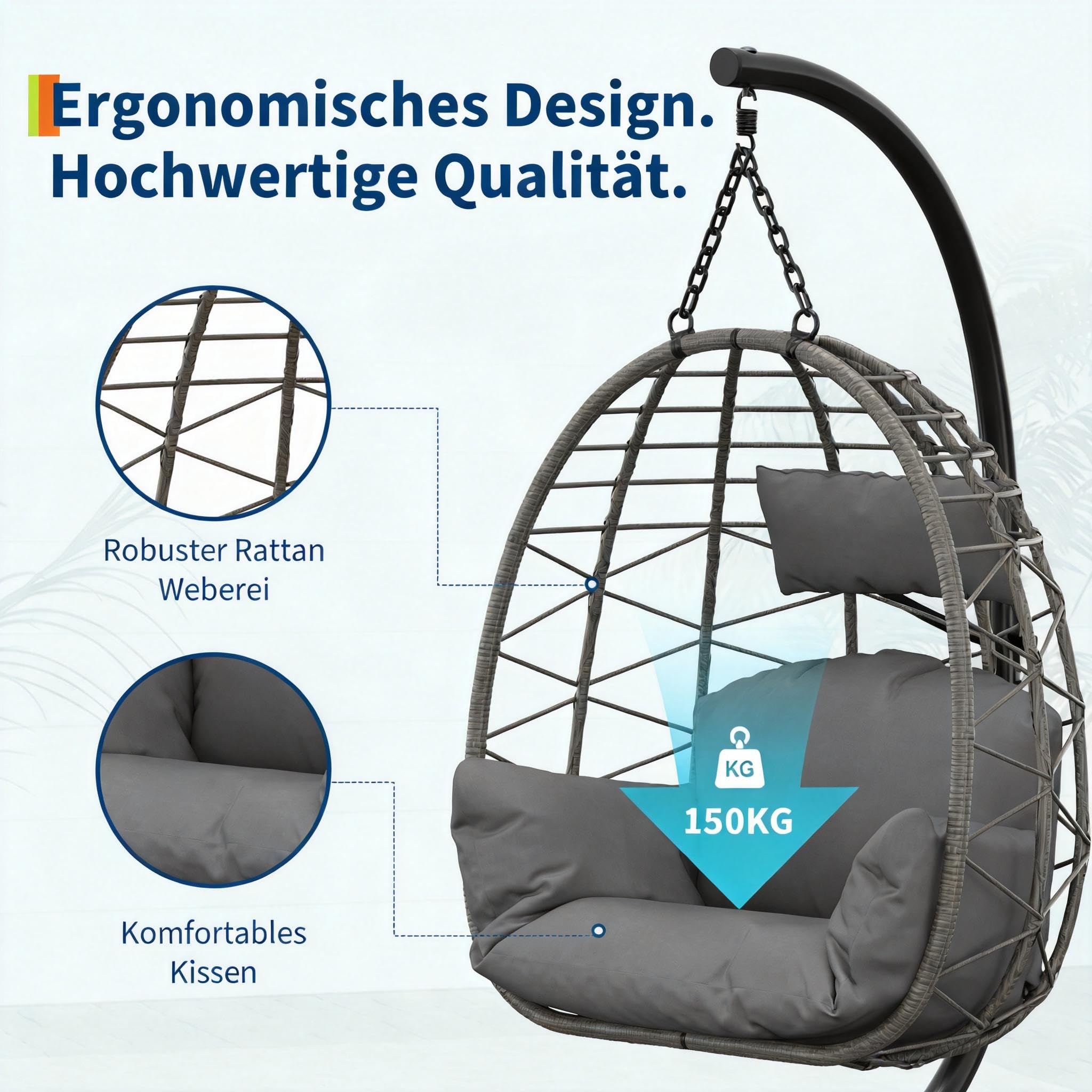 GarveeHome Fauteuil Suspendu Aria Rotin Synthétique – Chaise Balancelle avec Coussin Épais, Hauteur Réglable, Intérieur Extérieur Jardin Balcon Salon (Gris, X-Large)